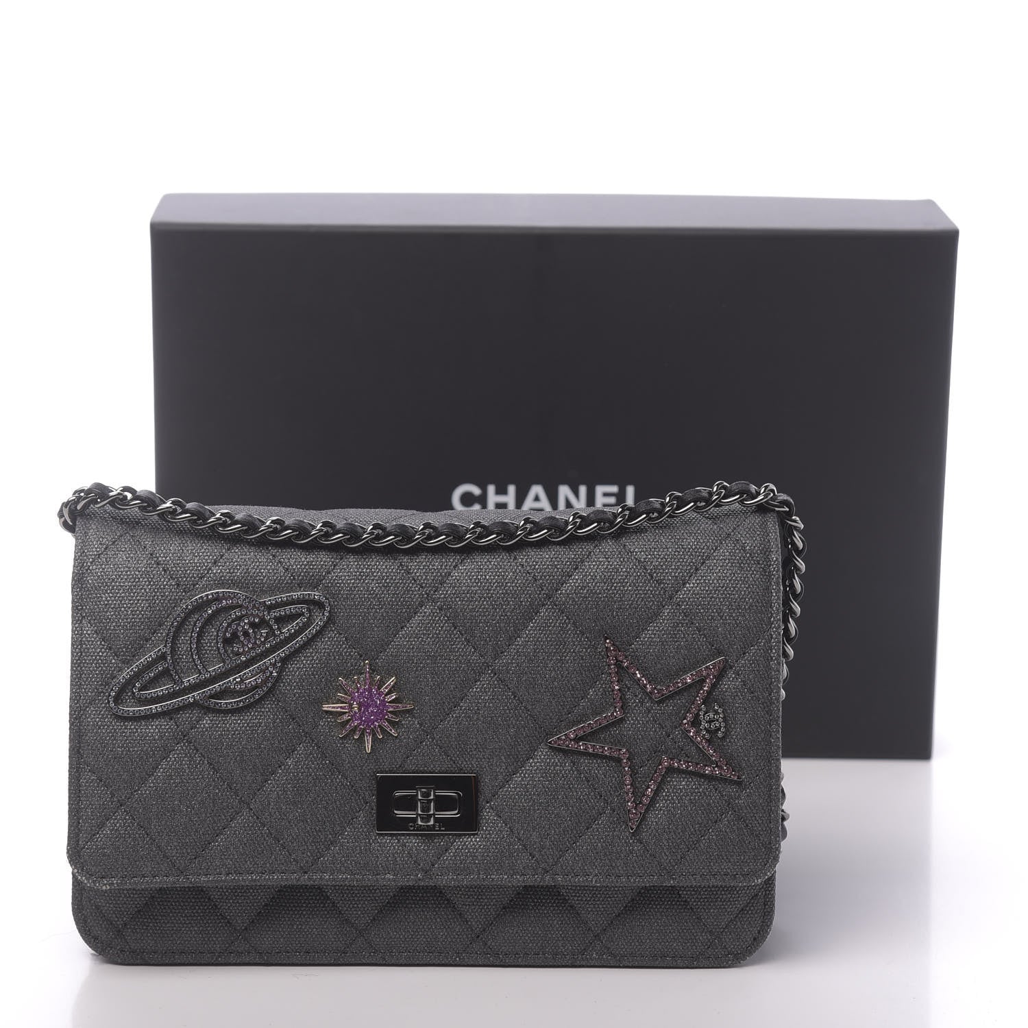 Chanel Metallic Canvas Quilted Space Charms Wallet On Chain WOC Grey 13 of 13
