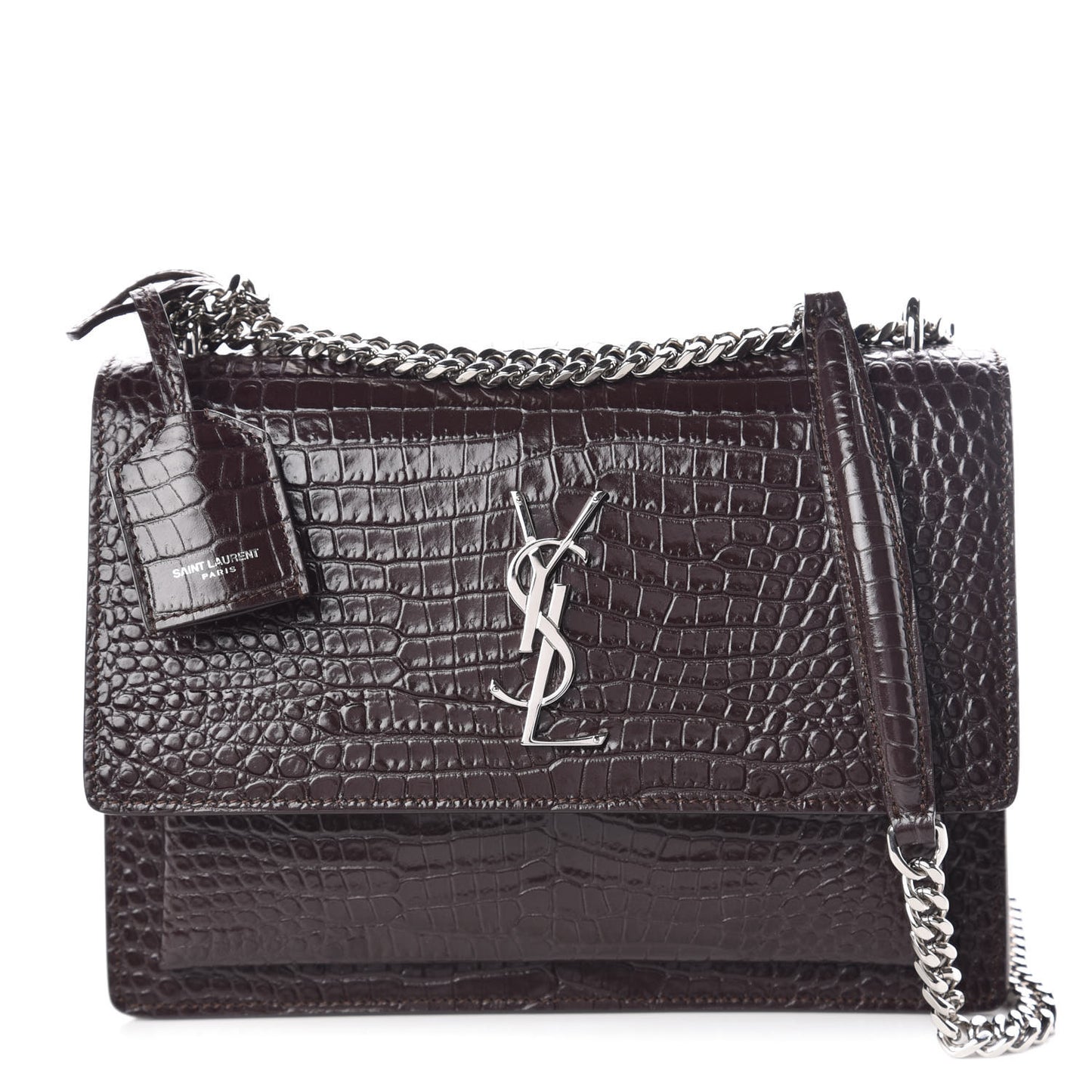 Calfskin Crocodile Embossed Medium Monogram Sunset Brown