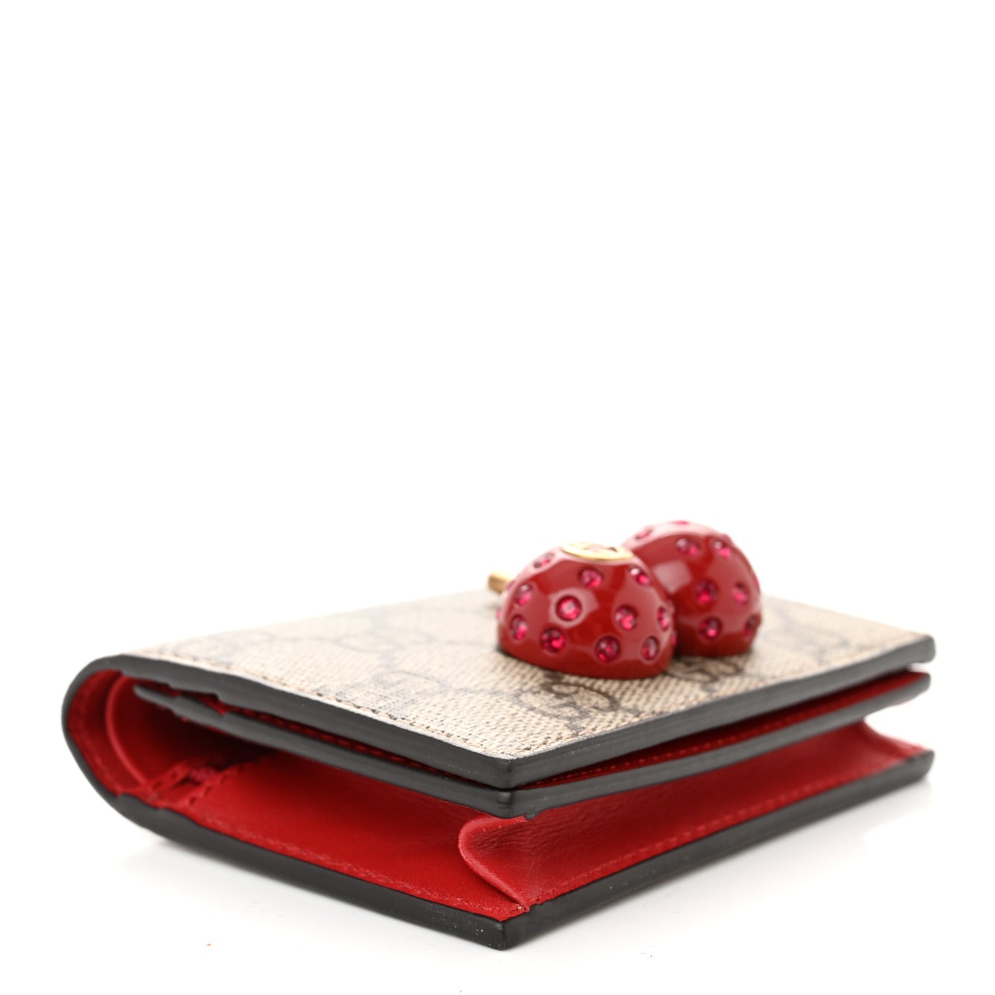 GG Supreme Monogram Cherry Embellished Card Case Wallet Hibiscus Red