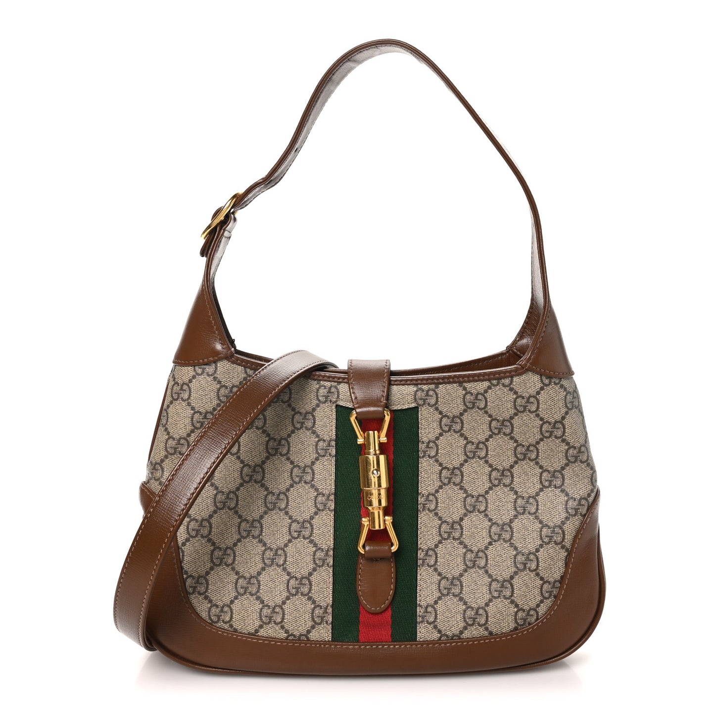 GG Supreme Monogram Azalea Calfskin Web Small Jackie 1961 Hobo Beige Ebony Brown Sugar