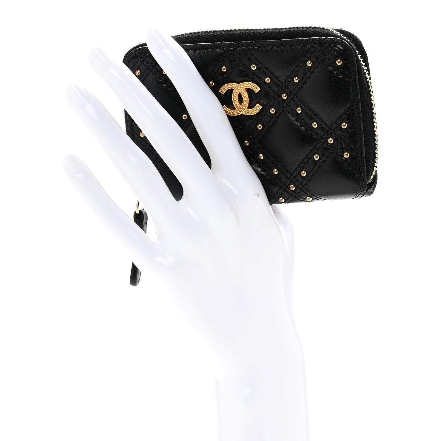 Lambskin Studded Quilted Compact Zip Around Wallet Black
