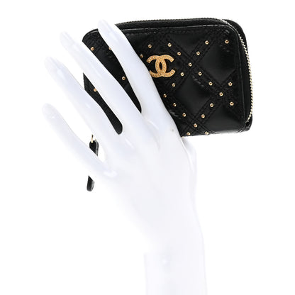 Chanel Lambskin Studded Quilted Compact Zip Around Wallet Black 2 of 9