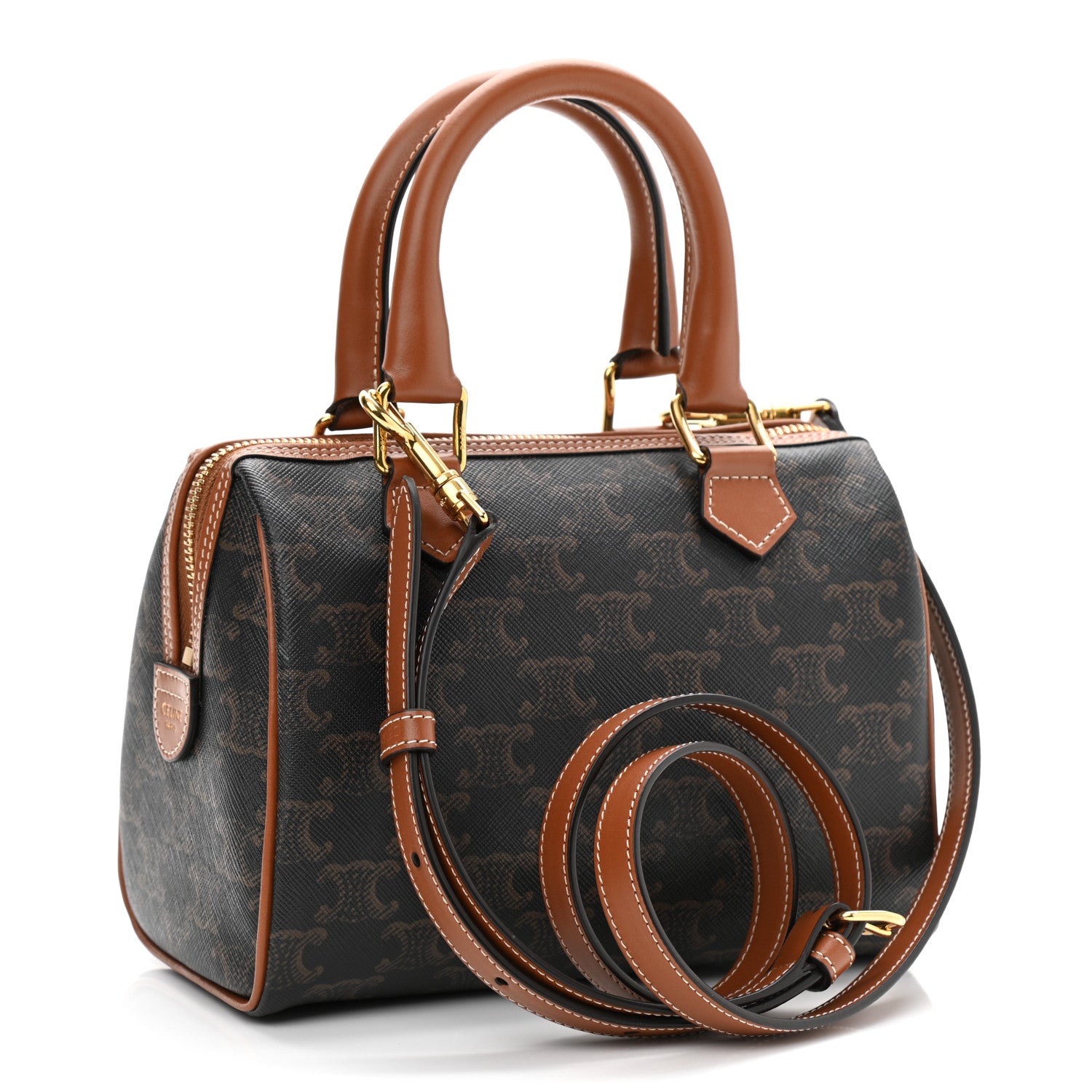 Celine Triomphe Canvas Calfskin Small Boston Bag Tan 3 of 10