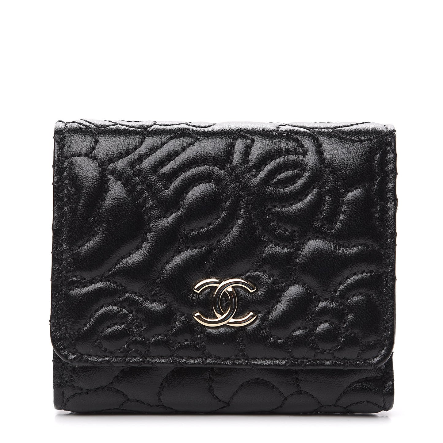 Lambskin Camellia Embossed Small Wallet Black