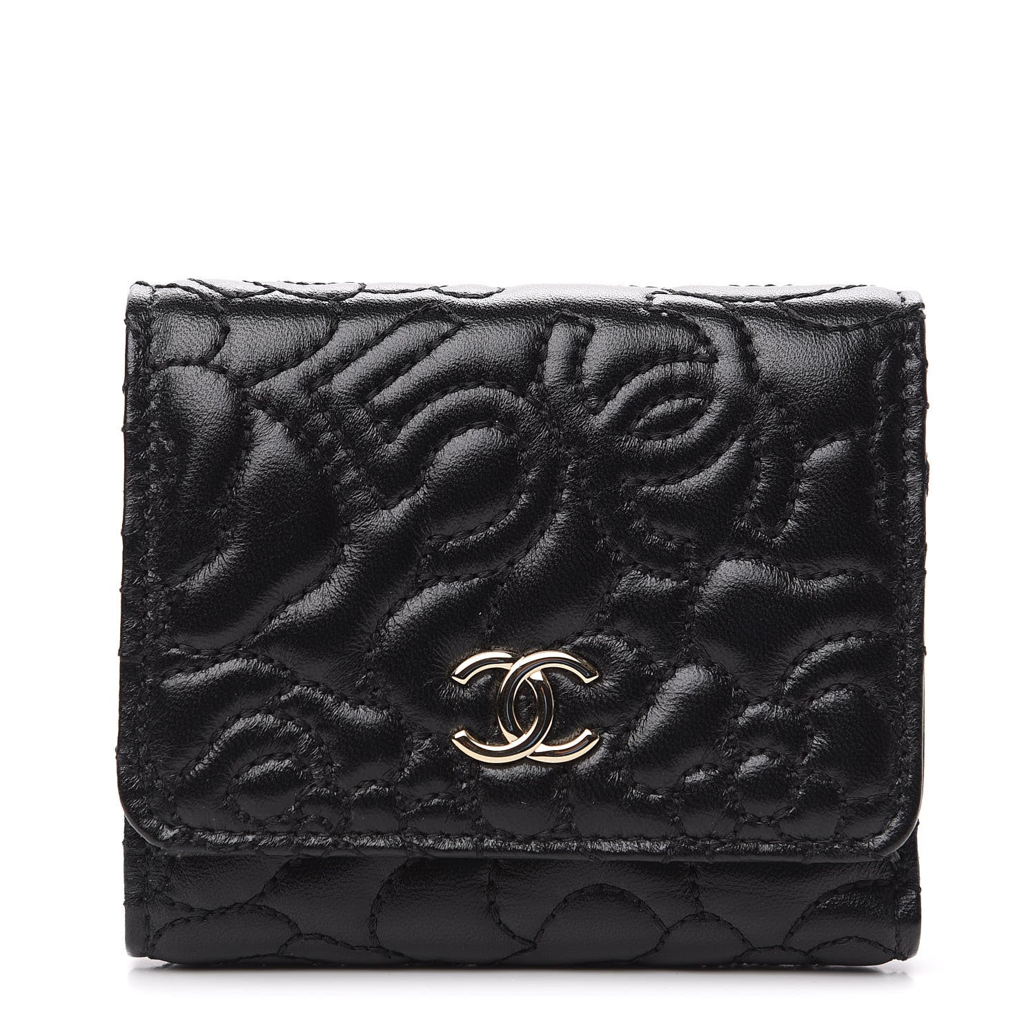 Chanel Lambskin Camellia Embossed Small Wallet Black 1 of 8