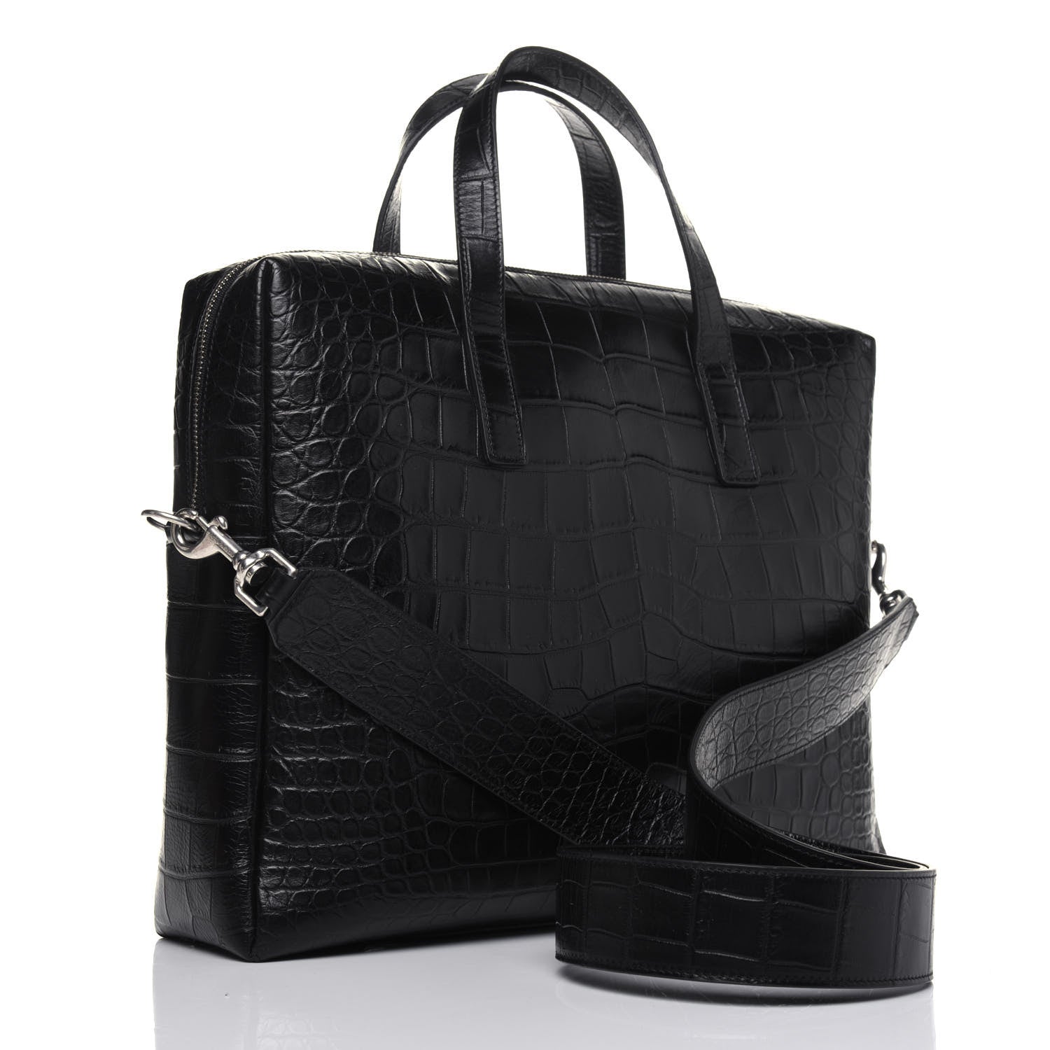 Saint Laurent Calfskin Crocodile Embossed Bold Briefcase Black 4 of 13
