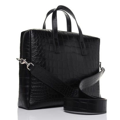 Saint Laurent Calfskin Crocodile Embossed Bold Briefcase Black 4 of 13