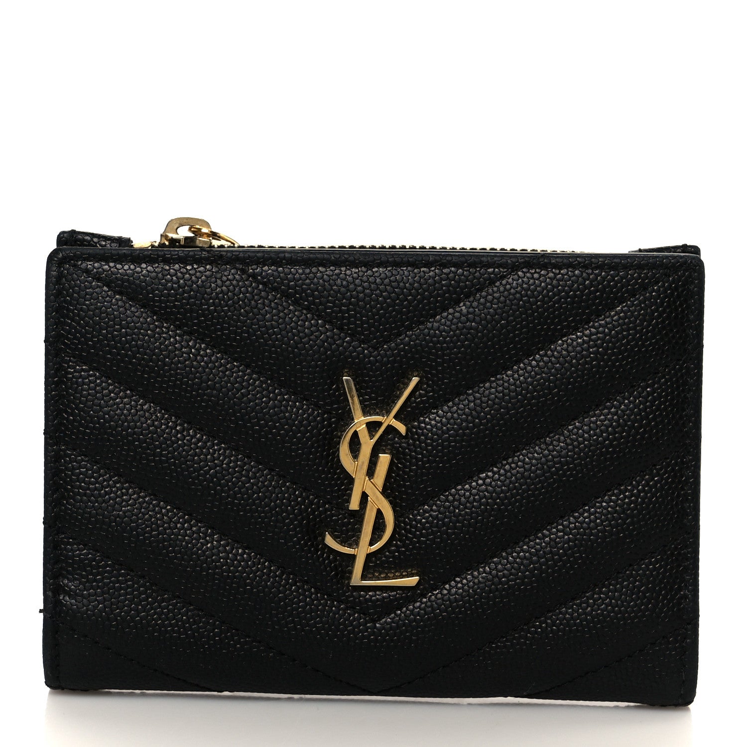 Saint Laurent Grain De Poudre Matelasse Chevron Monogram Zipped Two-Part Wallet Black 1 of 9