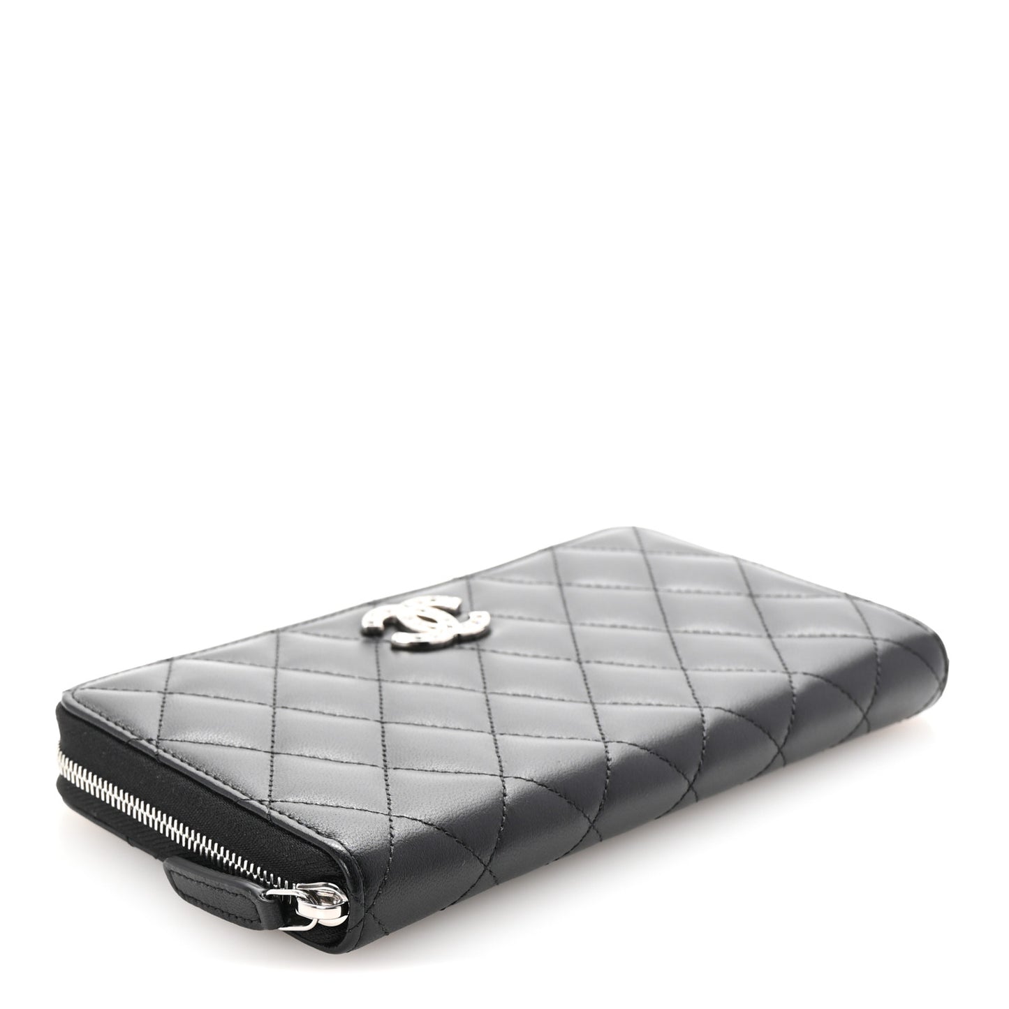 Lambskin Quilted Baguette Crystal Large Gusset Zip Around Wallet Black
