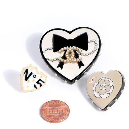 Chanel Resin Heart CC Pearl Brooch Set Black White Cream 2 of 5