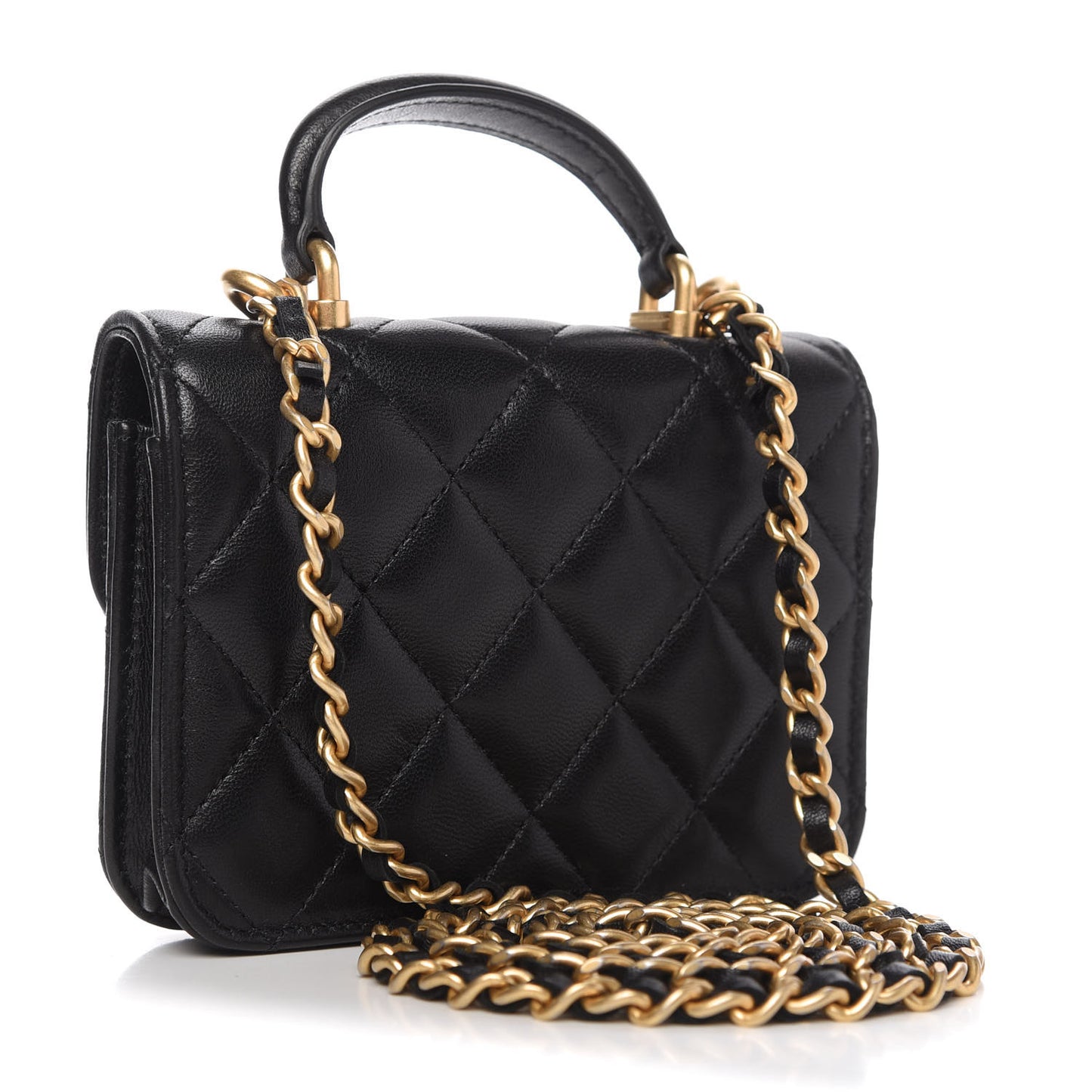 Lambskin Quilted Top Handle Flap Coin Purse With Chain Black