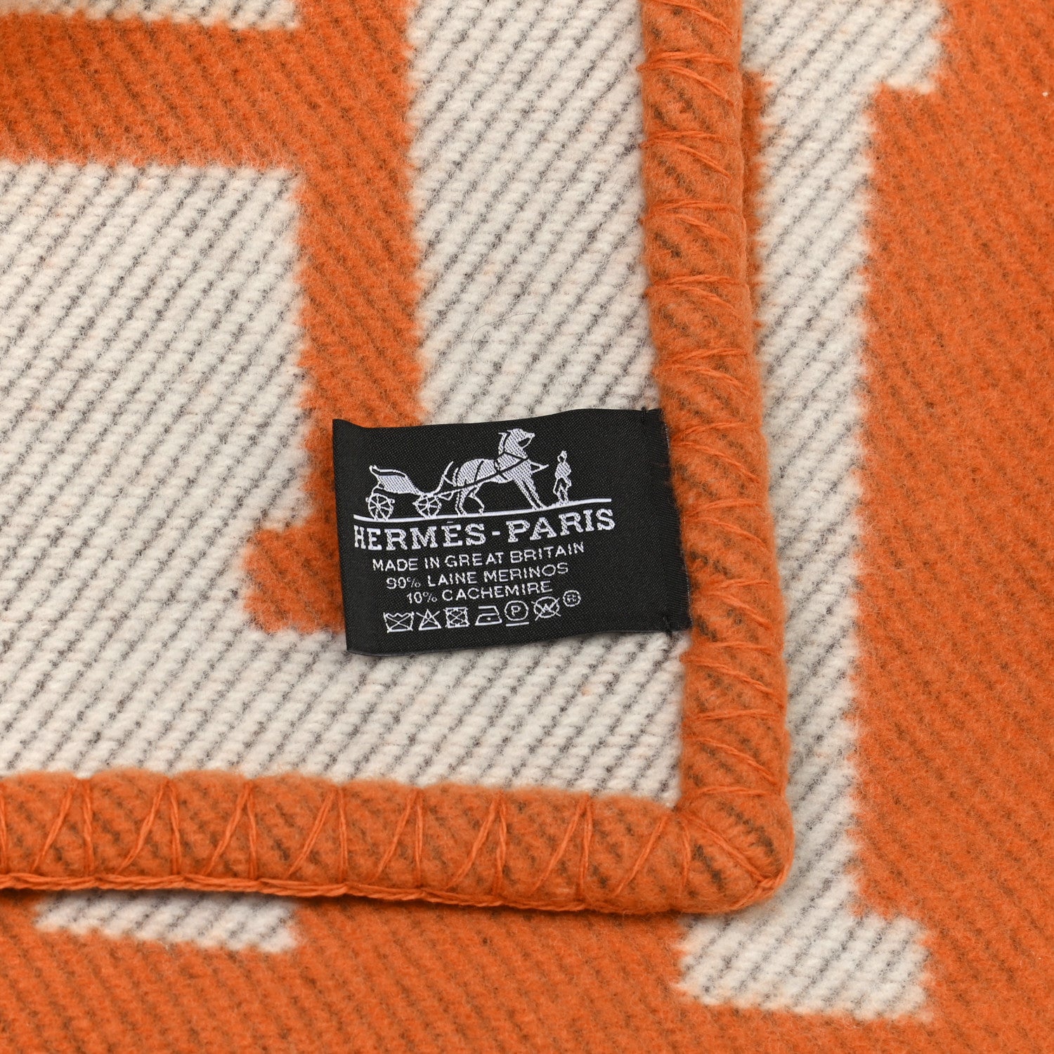 Hermes Wool Cashmere Signature Classic Avalon Blanket Ecru Potiron 3 of 3