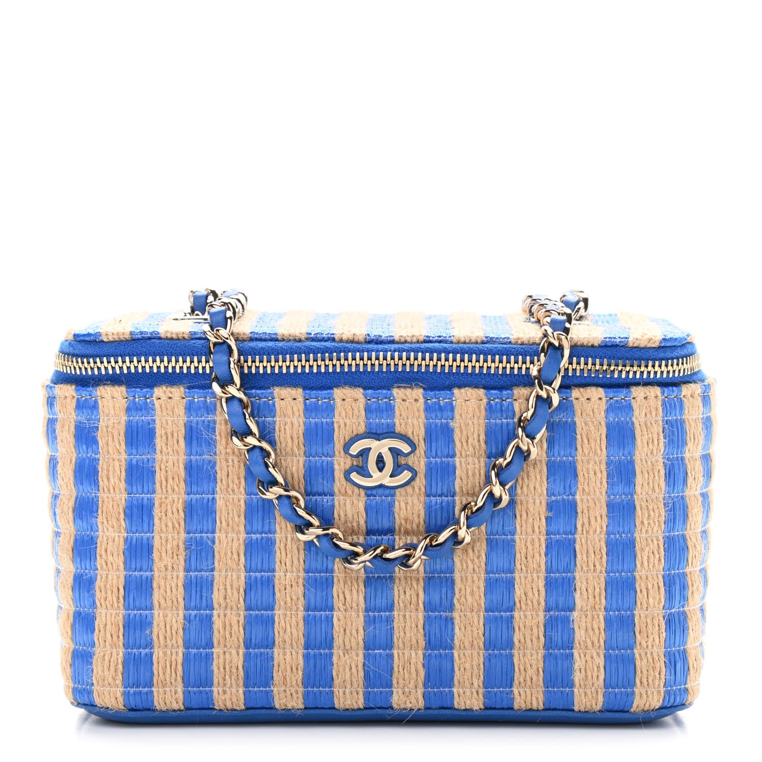 Chanel Raffia Jute Striped Small Vanity Case With Chain Blue Beige 1 of 10