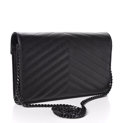 Saint Laurent Grain De Poudre Matelasse Chevron Monogram Chain Wallet Black 3 of 11
