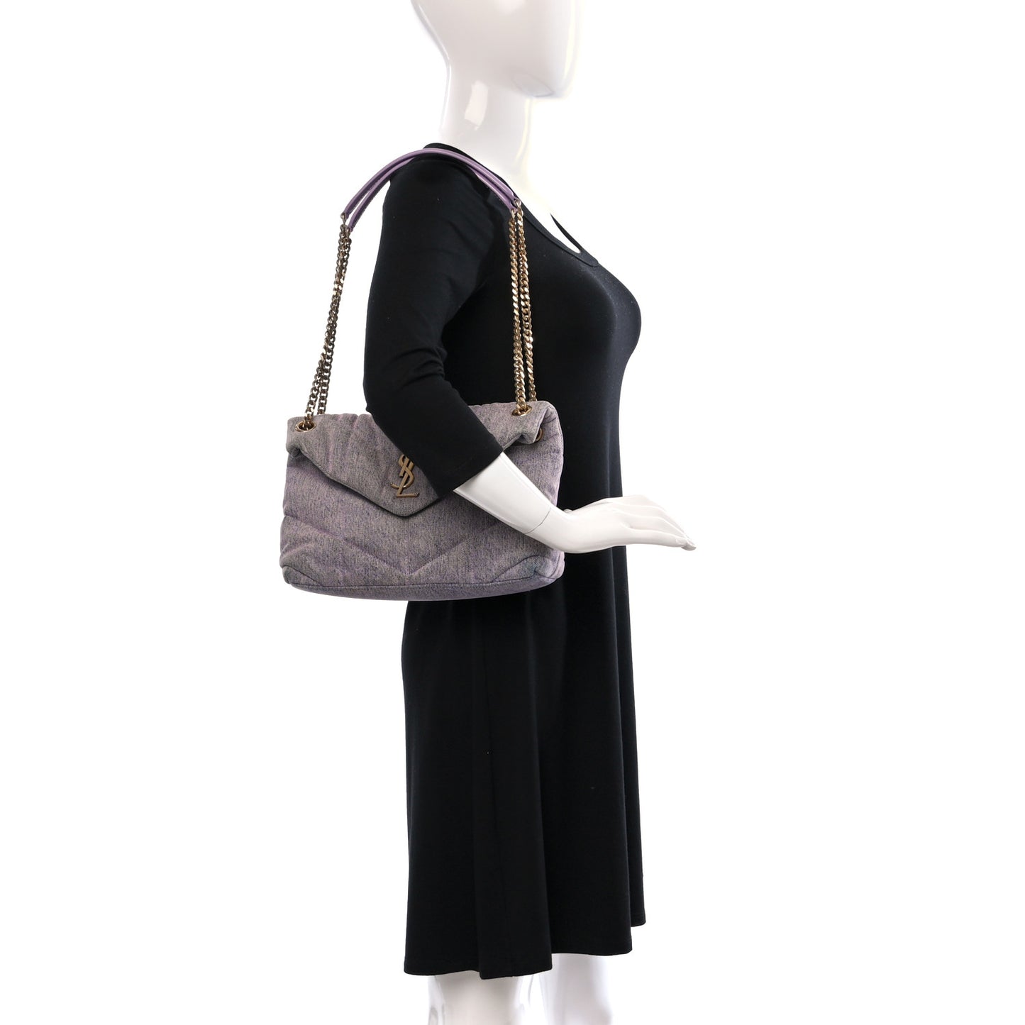 Denim Quilted Small Loulou Puffer Monogram Chain Satchel Bleached Lilac