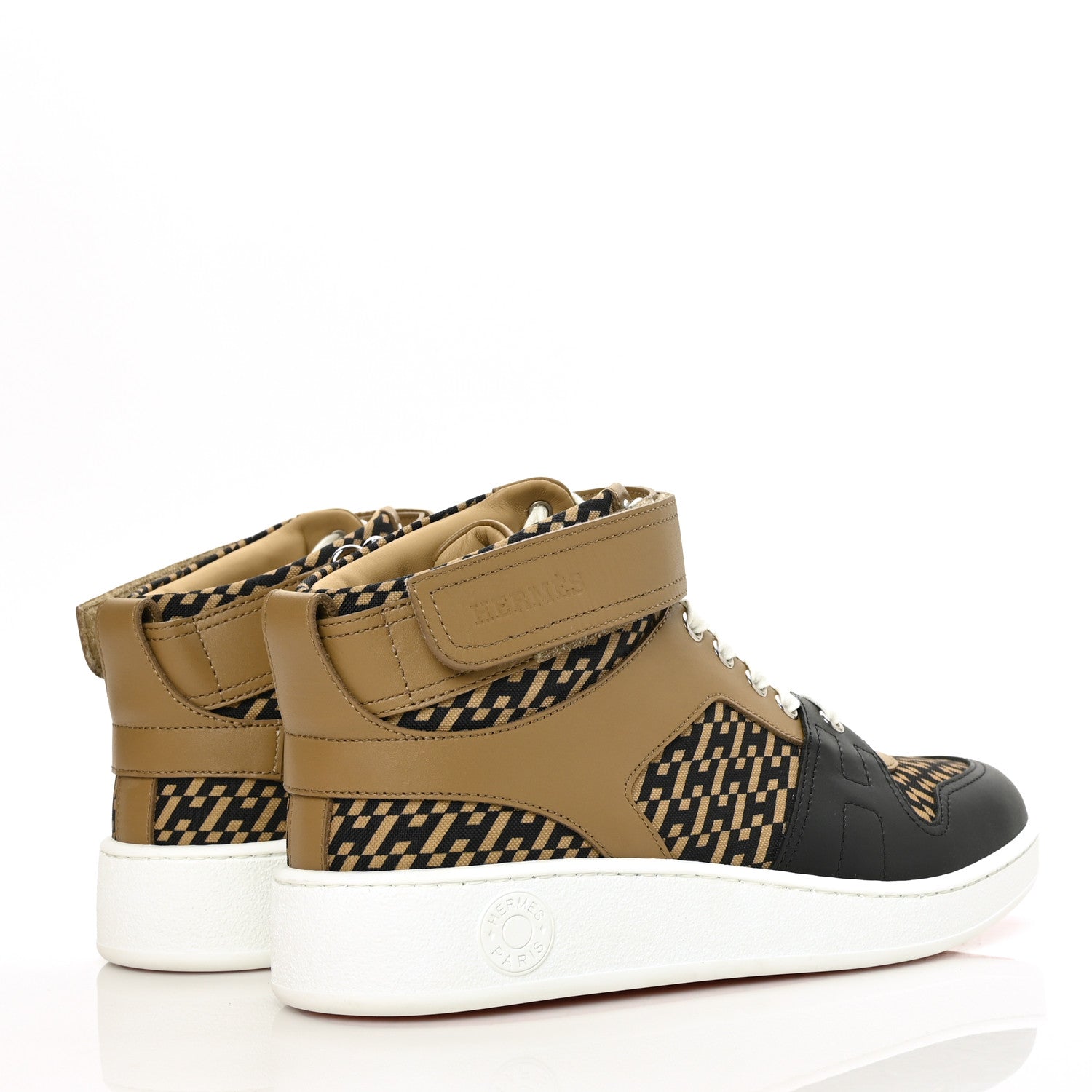 Hermes Calfskin Canvas H En Biais Freestyle High Top Sneakers 40 Beige Gobi Black 4 of 8