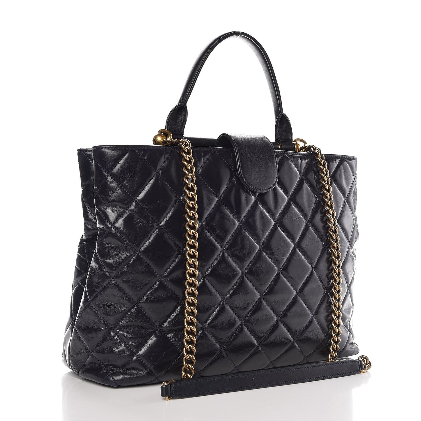 Calfskin Quilted Large Gold Bar Top Handle Tote Dark Navy Blue