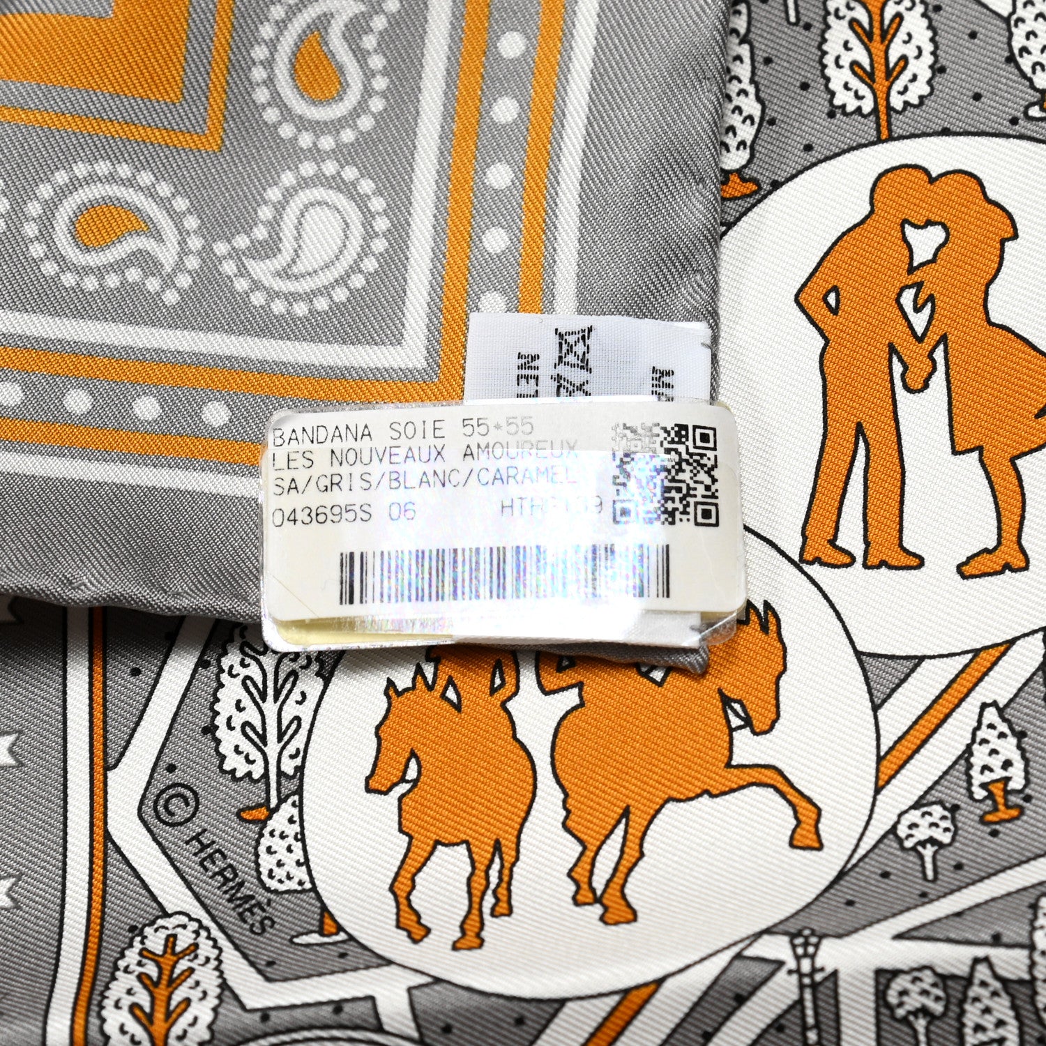 Hermes Silk Les Nouveaux Amoureux de Paris Bandana Scarf 55 Gris White Caramel 2 of 5