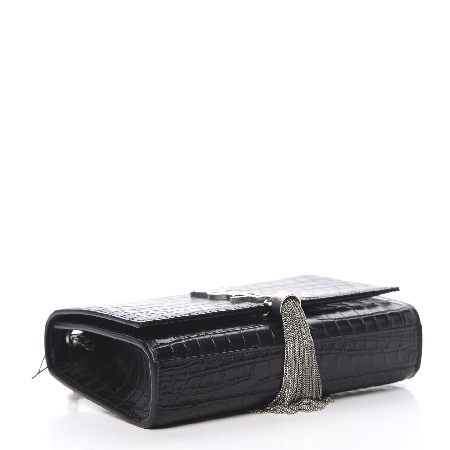 Calfskin Crocodile Embossed Monogram Small Kate Tassel Satchel Black