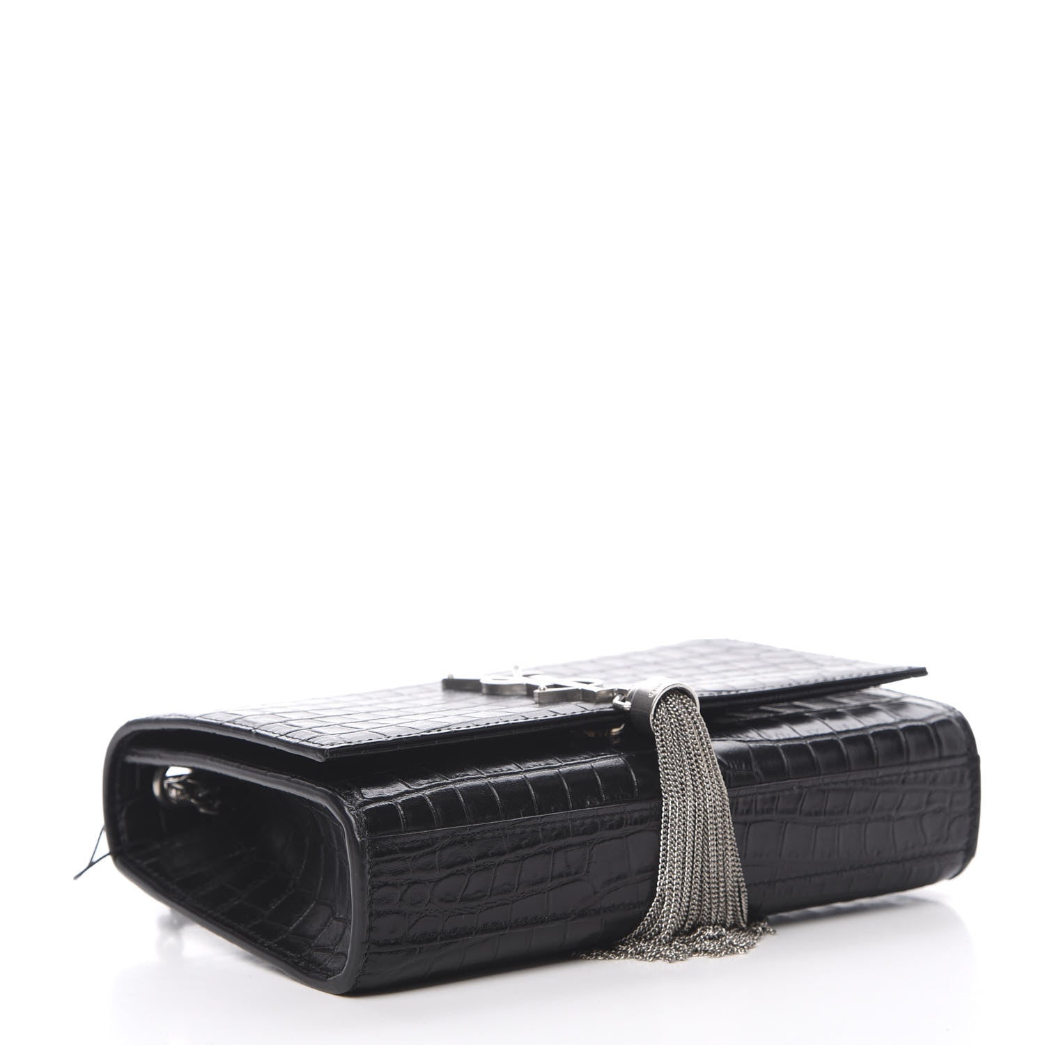 Saint Laurent Calfskin Crocodile Embossed Monogram Small Kate Tassel Satchel Black 3 of 9