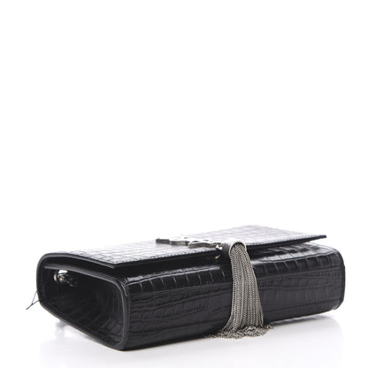 Saint Laurent Calfskin Crocodile Embossed Monogram Small Kate Tassel Satchel Black 3 of 9