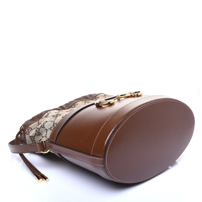 Gucci Monogram Textured Calfskin Horsebit 1955 Drawstring Bucket Bag Beige Brown Sugar 4 of 12