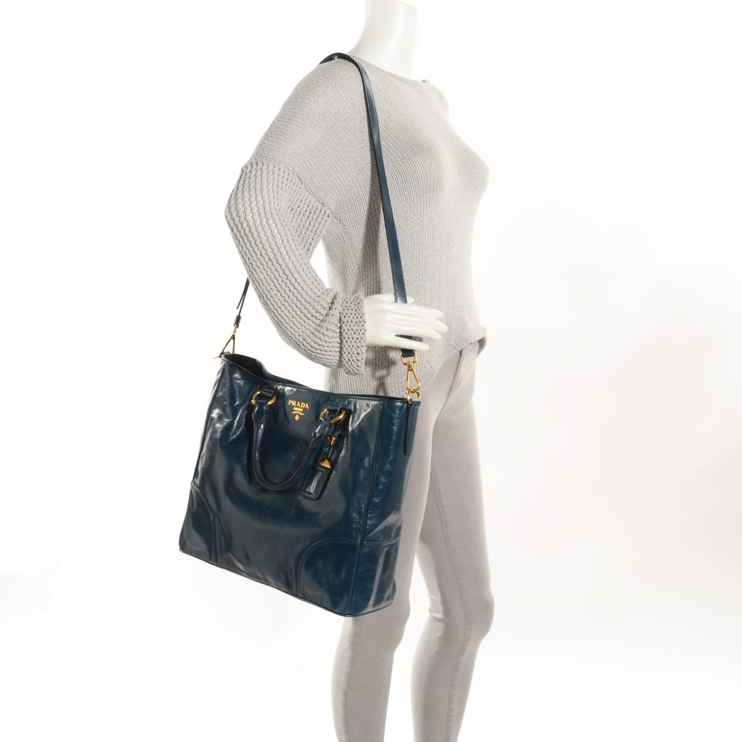 Prada Vitello Shine Tote Denim 2 of 11
