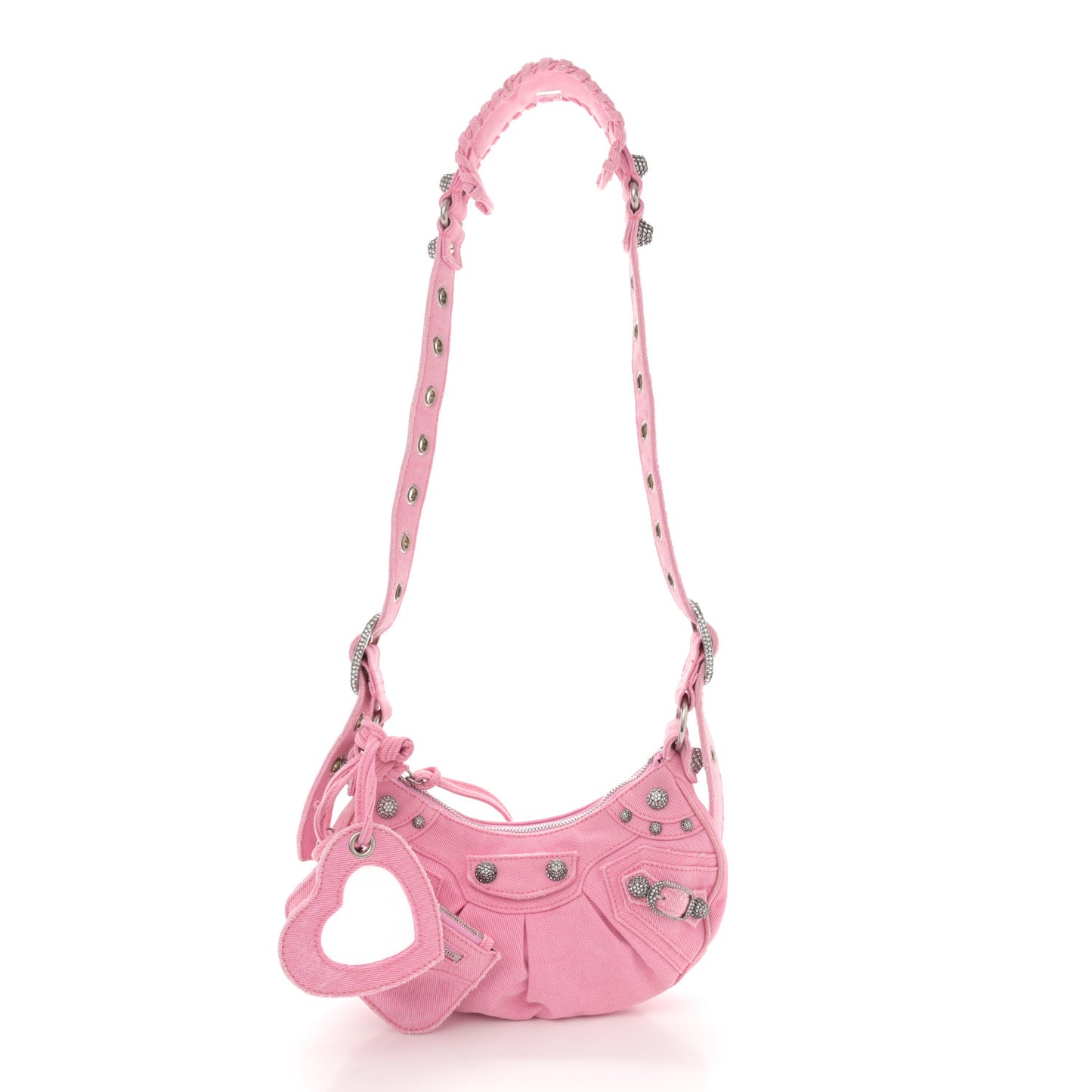 Washed Frayed Denim Crystal Le Cagole Shoulder Bag XS Denim Pink