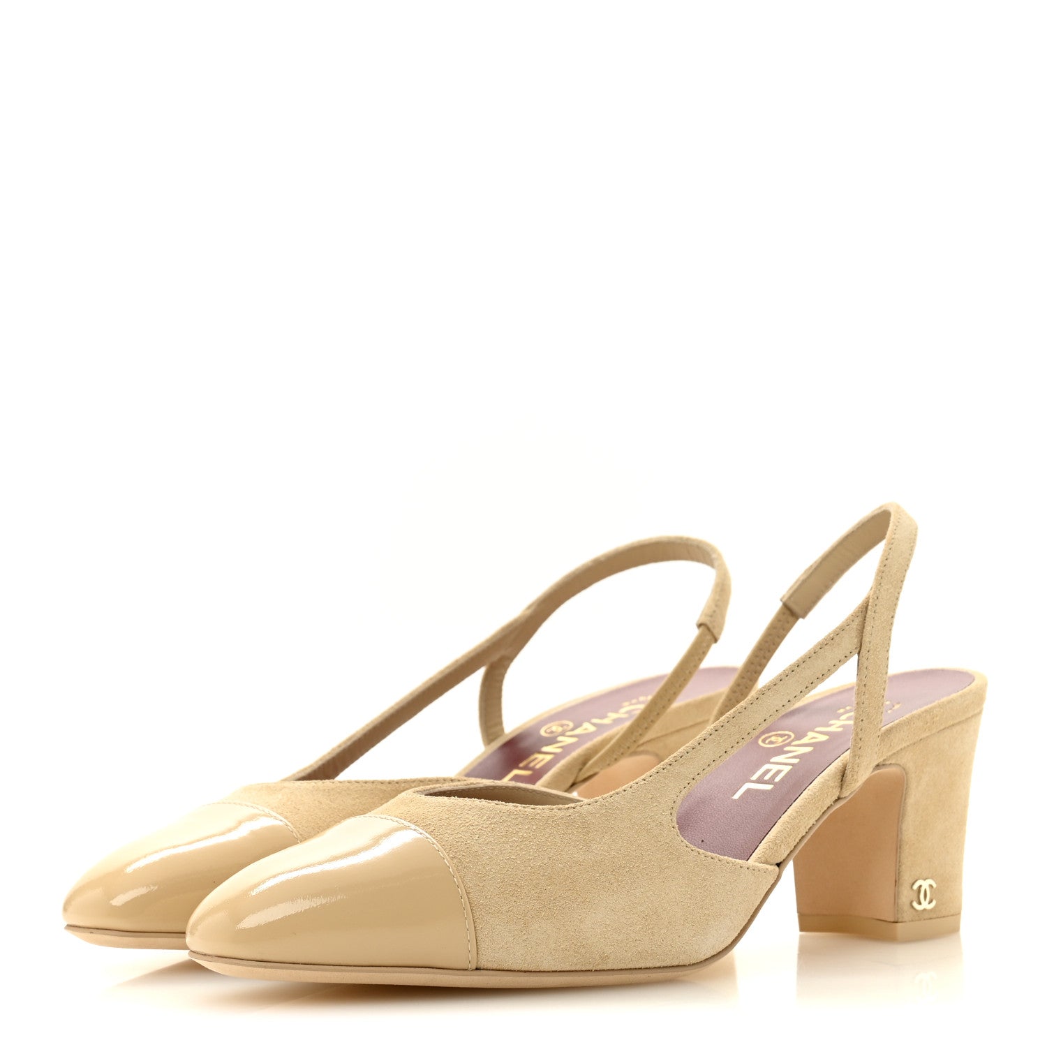 Chanel Suede Patent Cap Toe CC Slingback Pumps 38 Beige 4 of 10