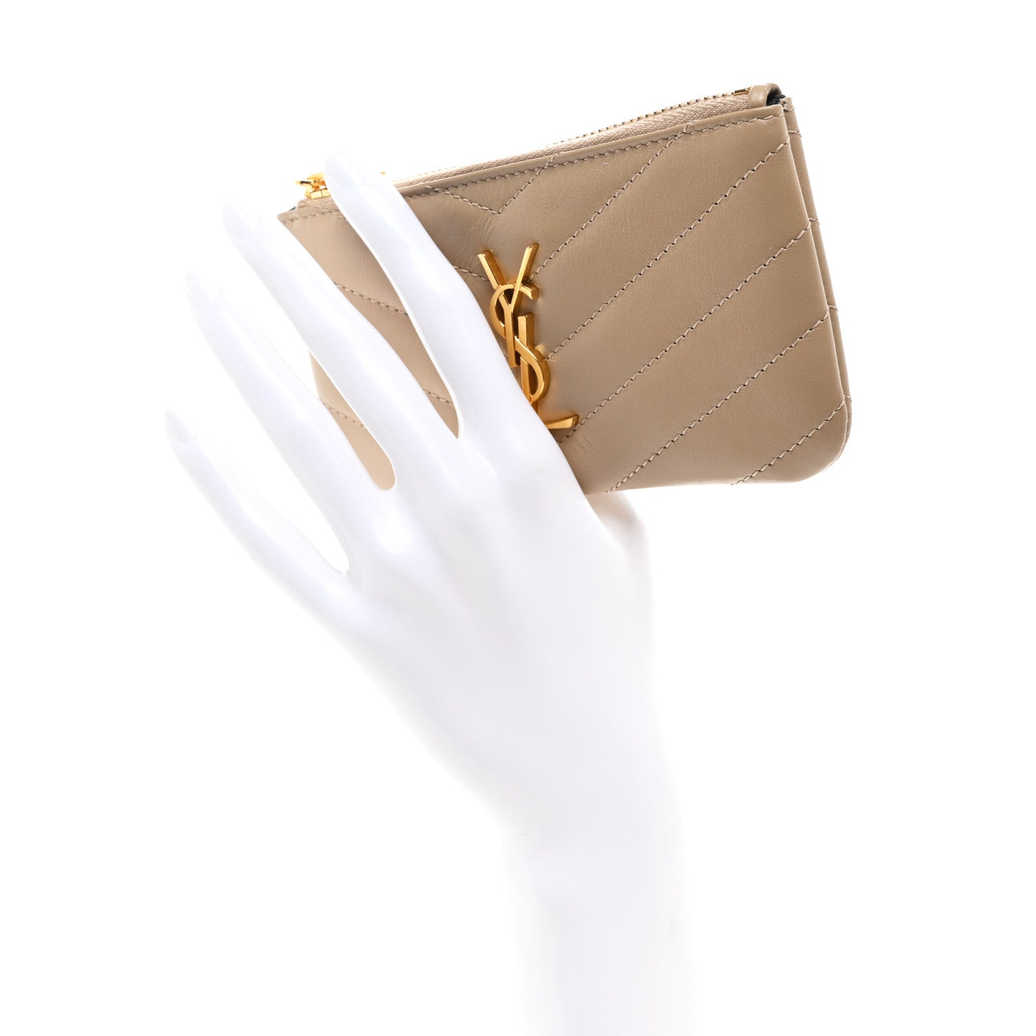 Saint Laurent Calfskin Matelasse Monogram Key Pouch Light Taupe 2 of 7