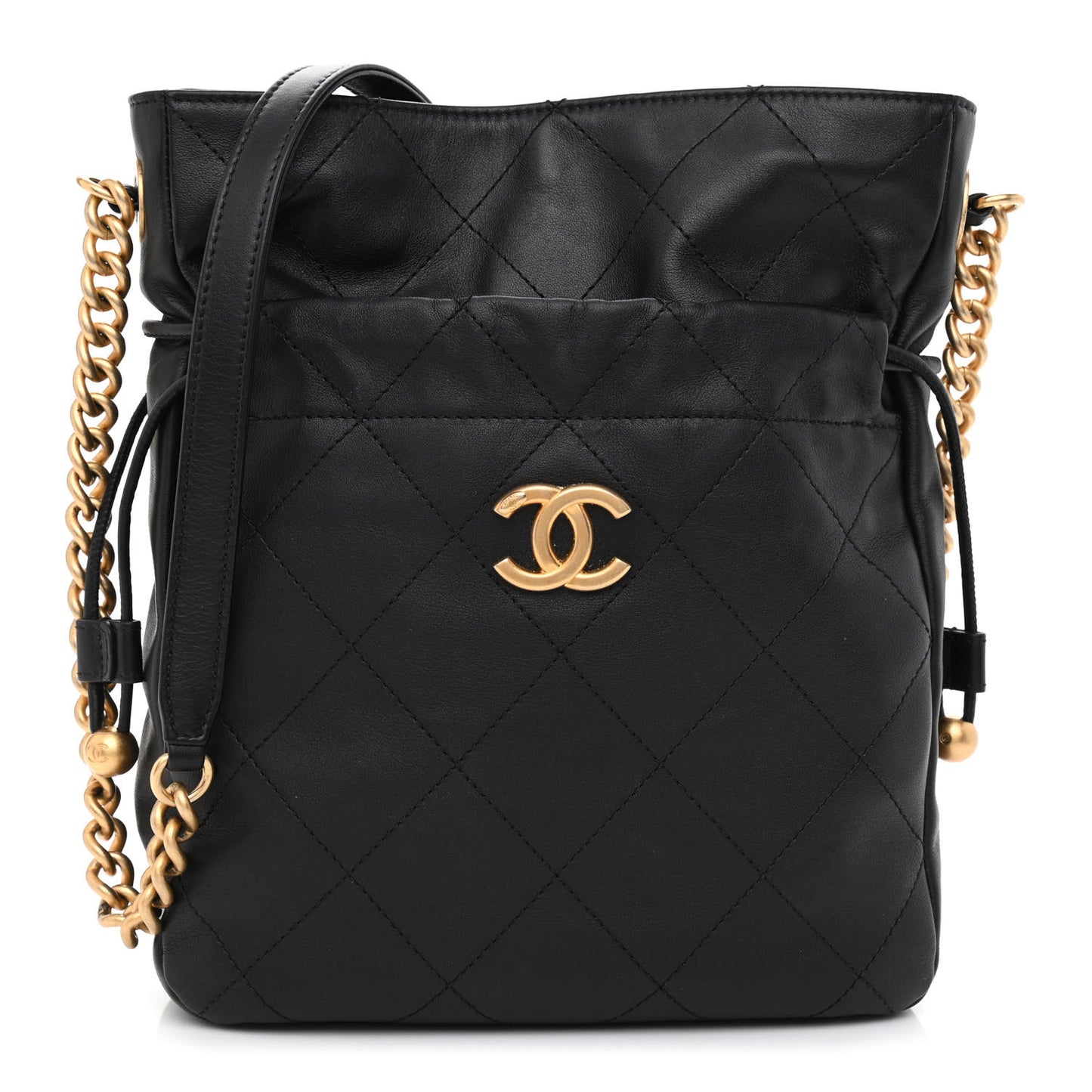 Calfskin Quilted Drawstring Bucket Bag Black