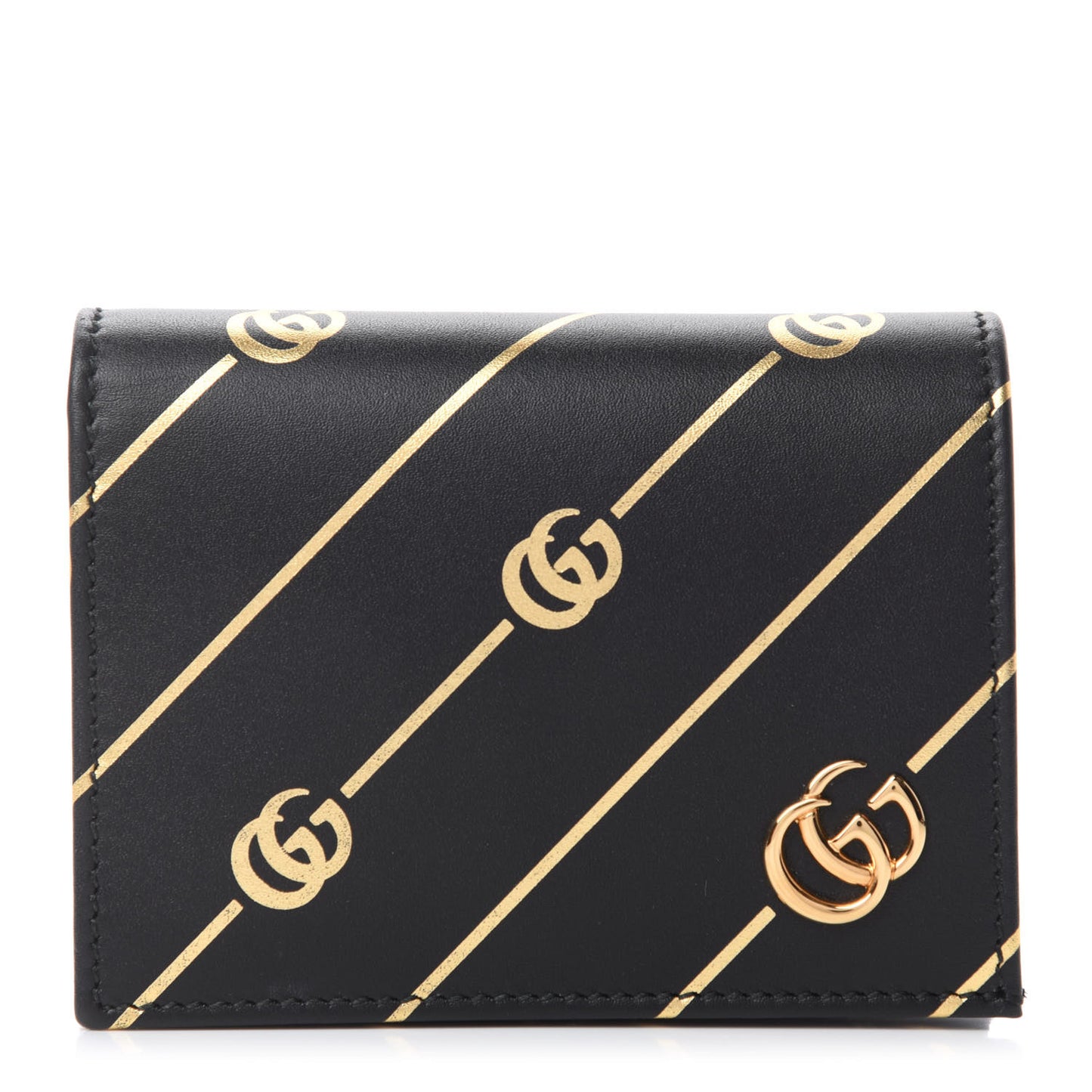 Calfskin Diagonal GG Card Case Black Gold