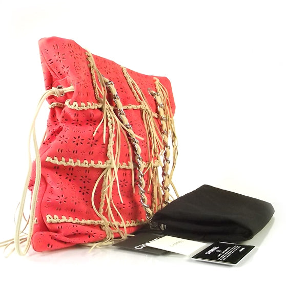 Chanel Calfskin Perforated Drawstring Fringe Tote Coral 2 of 9