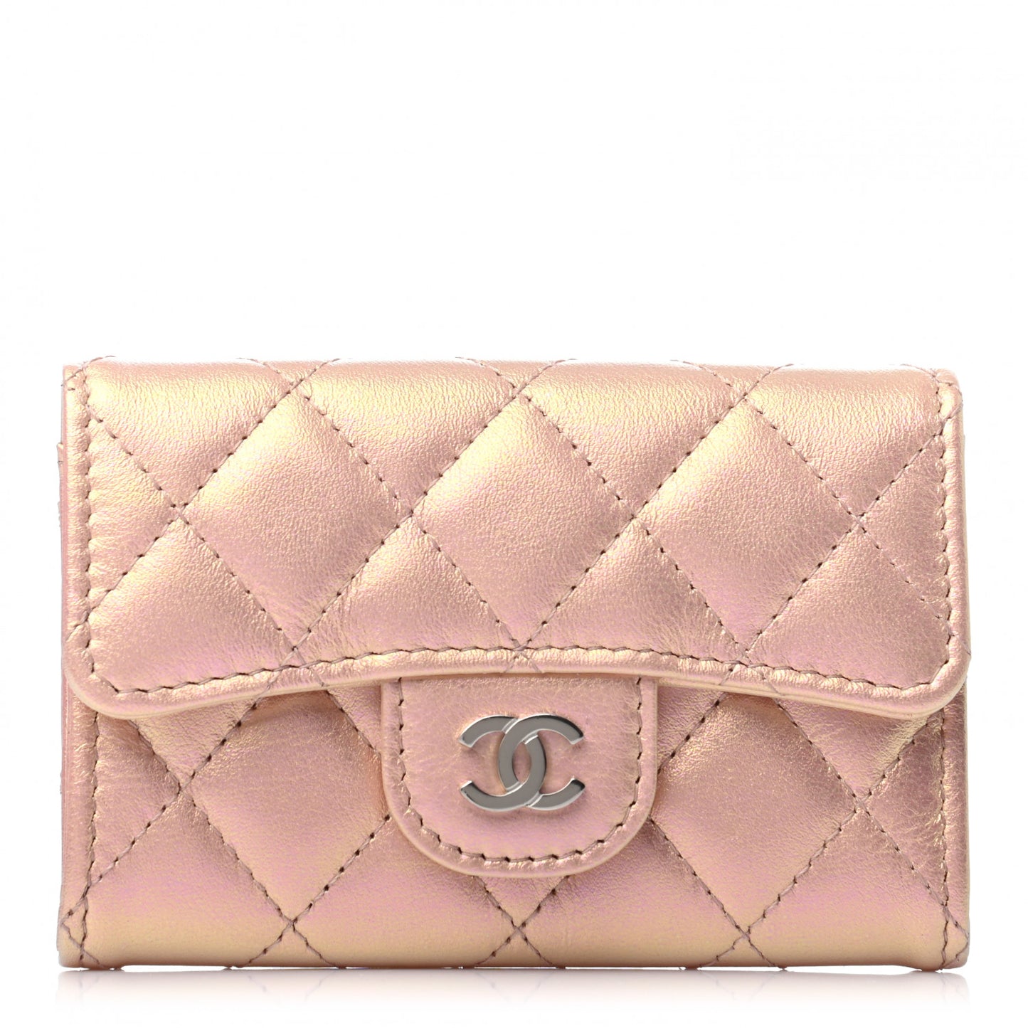 Iridescent Calfskin Quilted Flap Card Holder Wallet Pink
