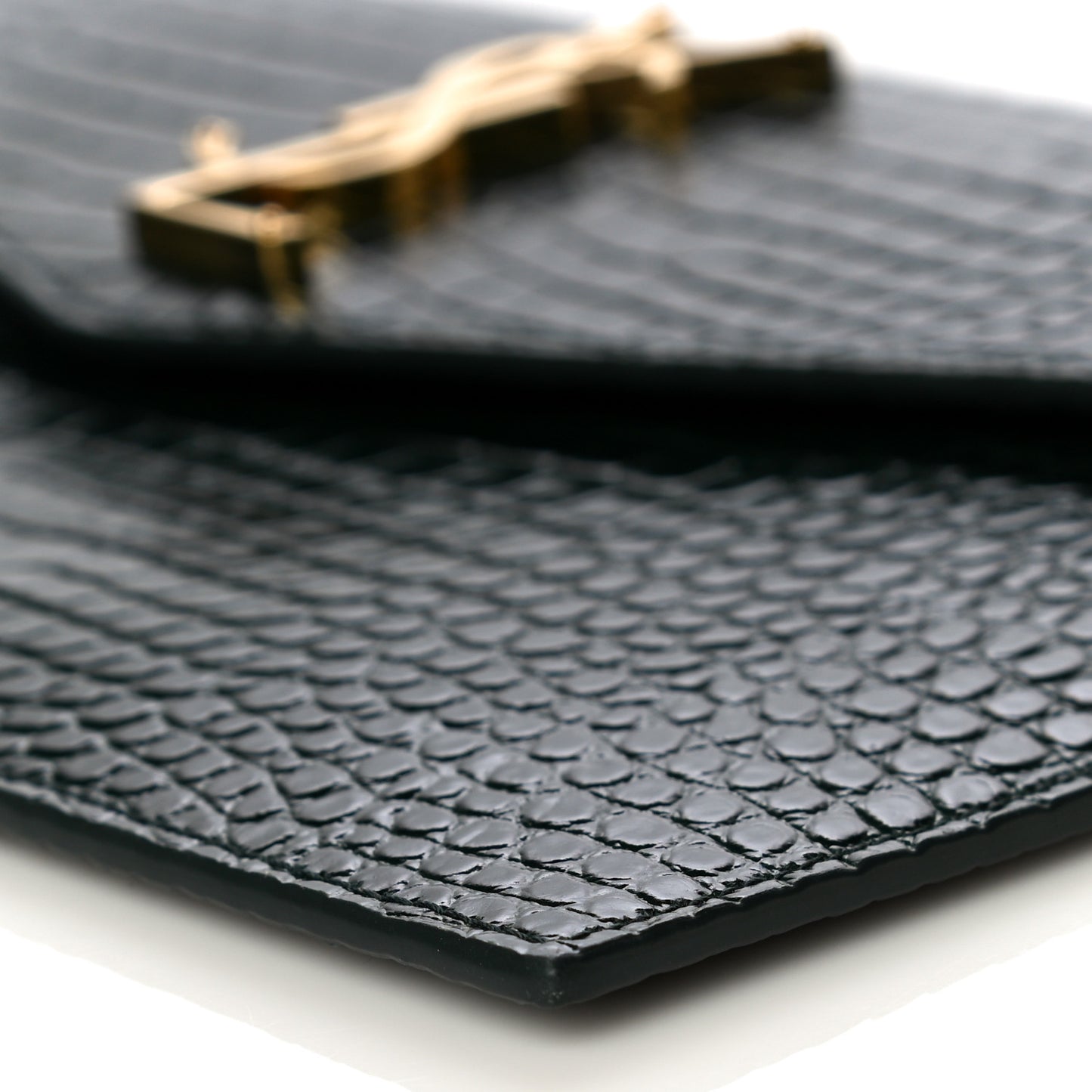 Calfskin Crocodile Embossed Uptown Monogram Clutch Dark Green