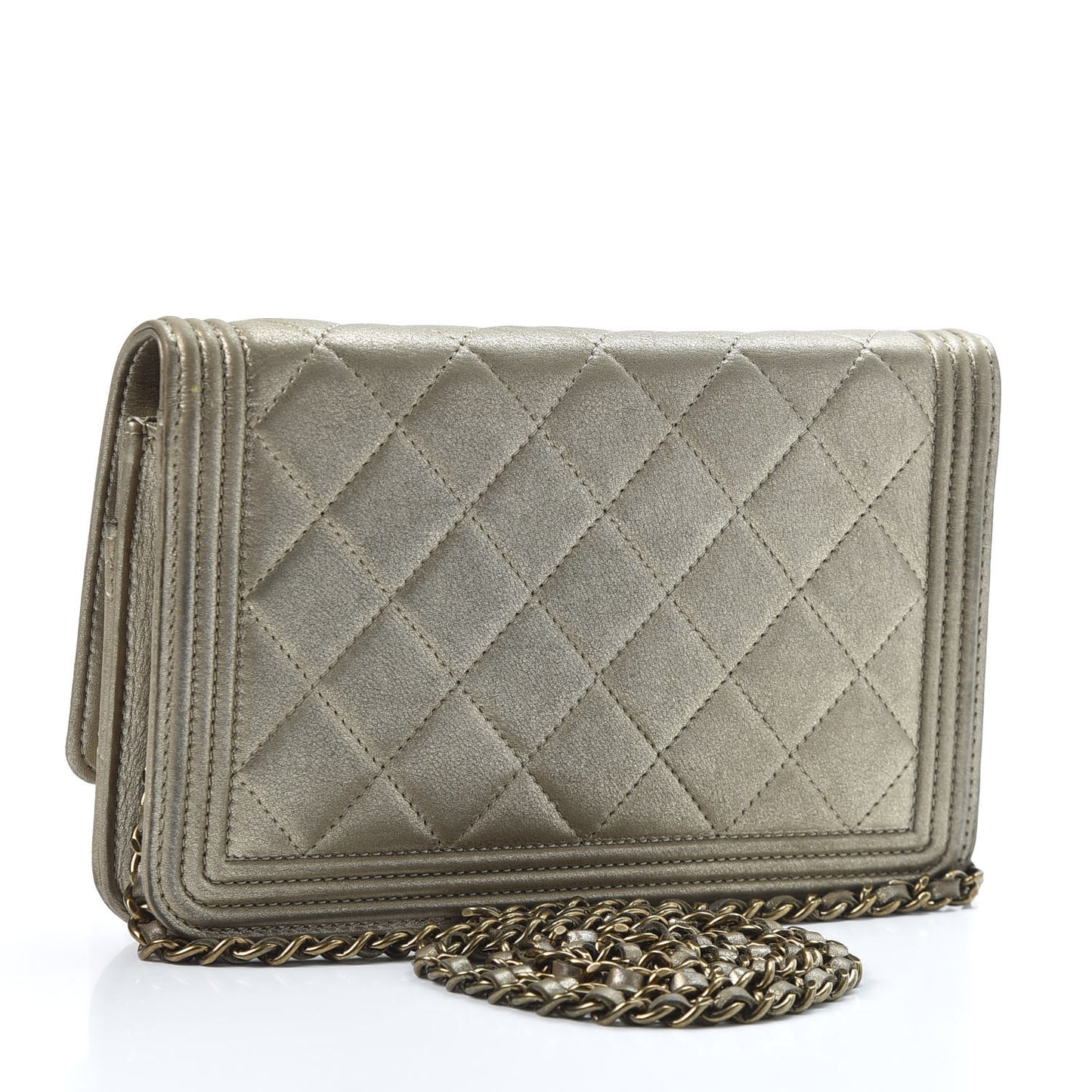 Metallic Lambskin Quilted Boy Wallet On Chain WOC Gold