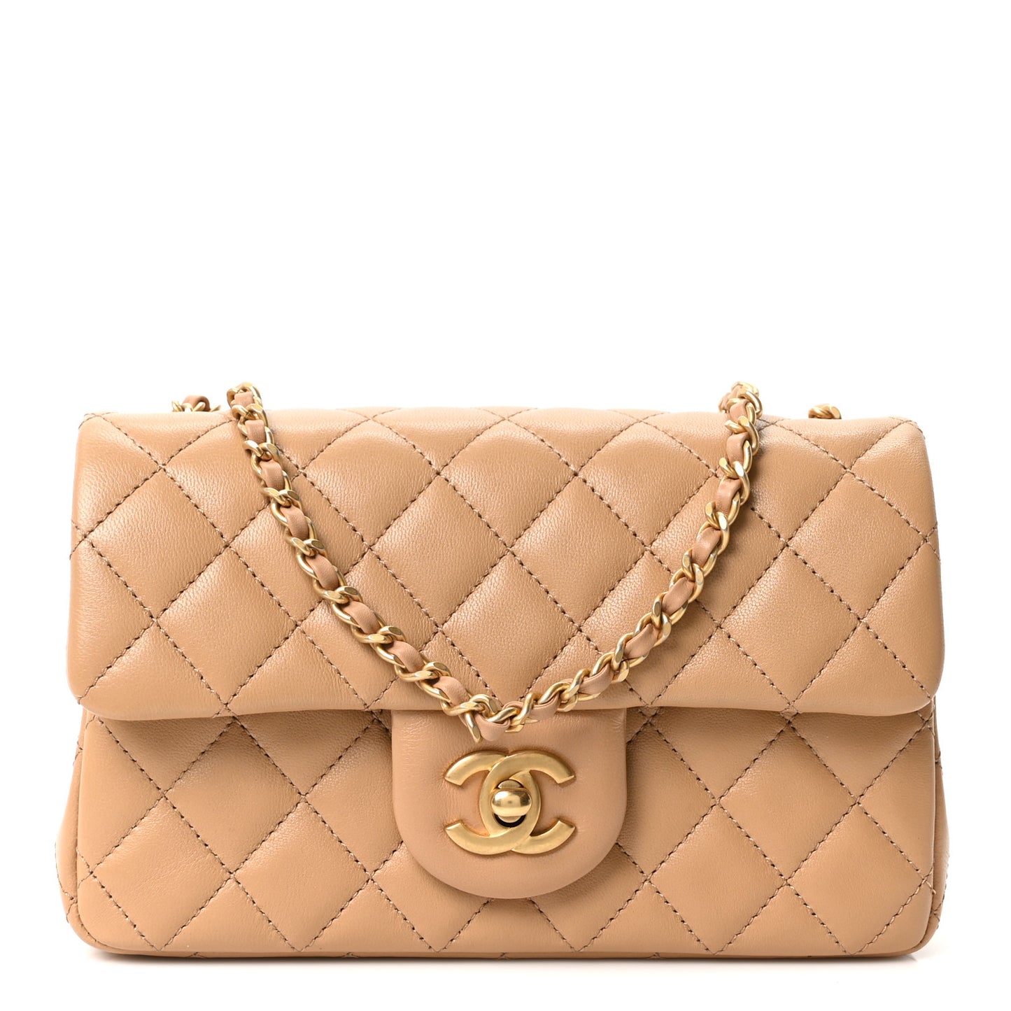 Lambskin Quilted Mini Rectangular Pearl Crush Flap Dark Beige