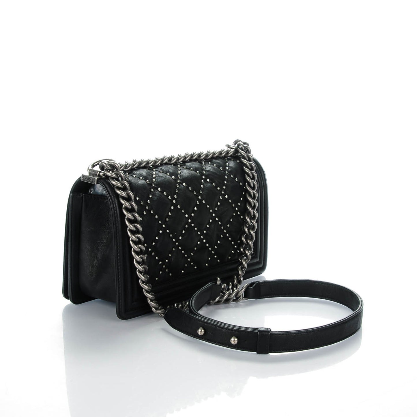 Crumpled Lambskin Medium Studded Boy Flap Black