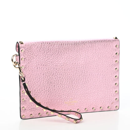 Valentino Garavani Metallic Pebbled Calfskin Medium Rockstud Envelope Flat Wristlet Pouch Giacinto 3 of 6
