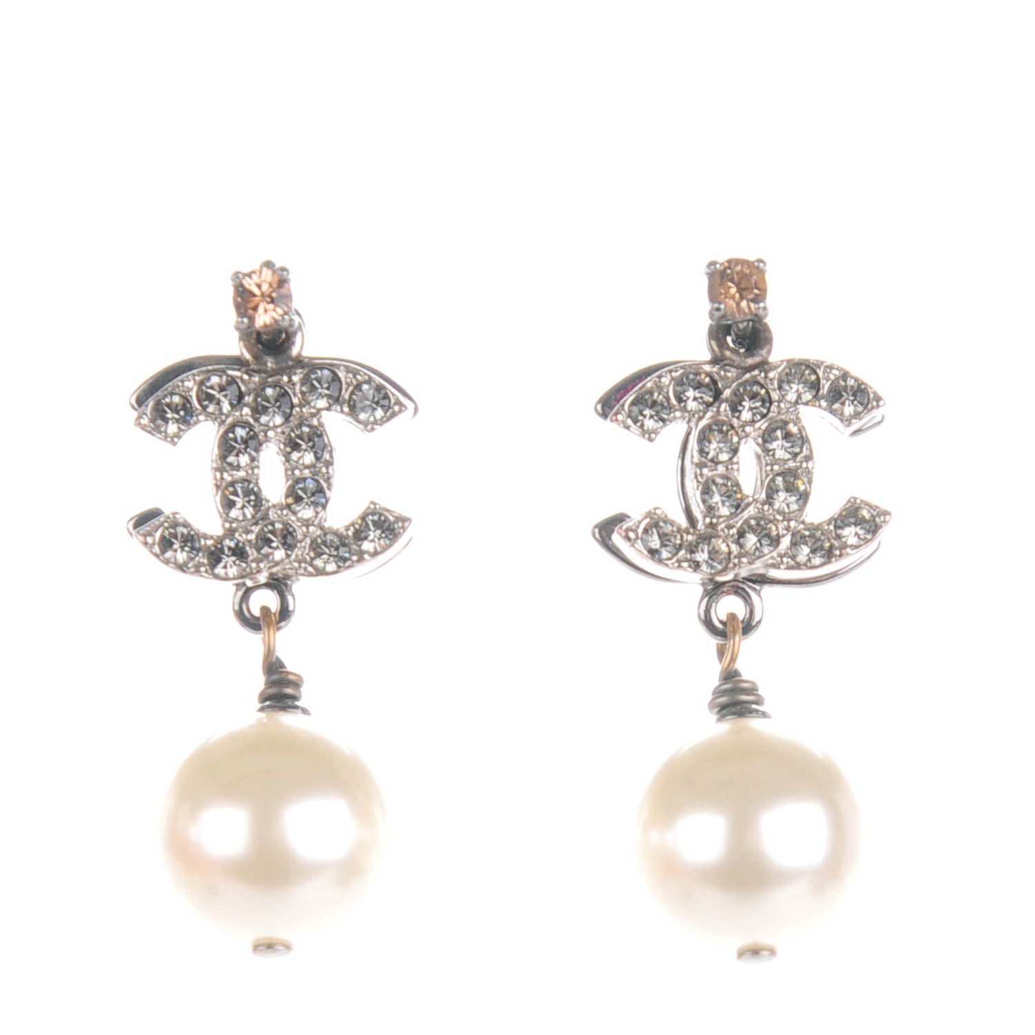 Chanel Crystal Pearl CC Drop Earrings Silver 1 of 5