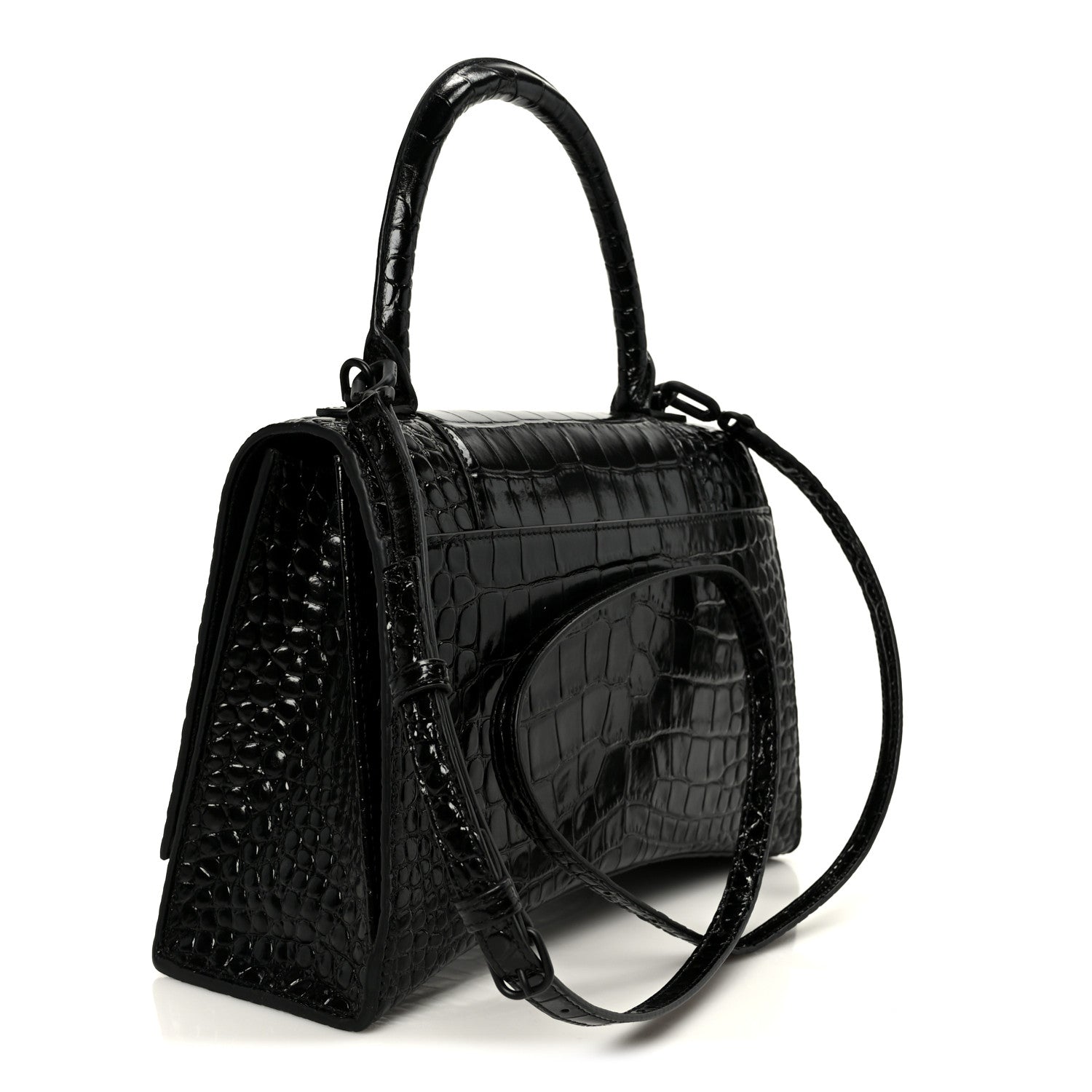 Balenciaga Shiny Calfskin Monochrome Crocodile Embossed Medium Hourglass Top Handle Bag Black 3 of 10