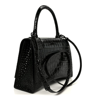Balenciaga Shiny Calfskin Monochrome Crocodile Embossed Medium Hourglass Top Handle Bag Black 3 of 10
