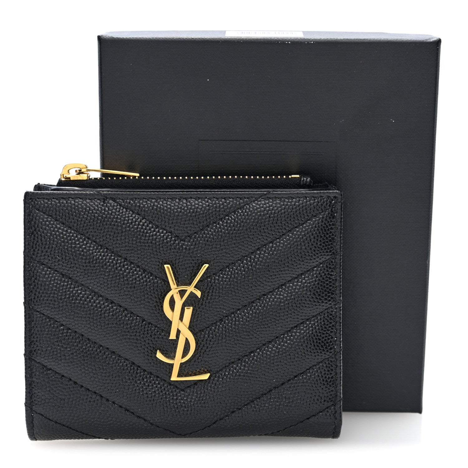 Saint Laurent Grain De Poudre Matelasse Chevron Monogram Zipped Card Case Black 7 of 7
