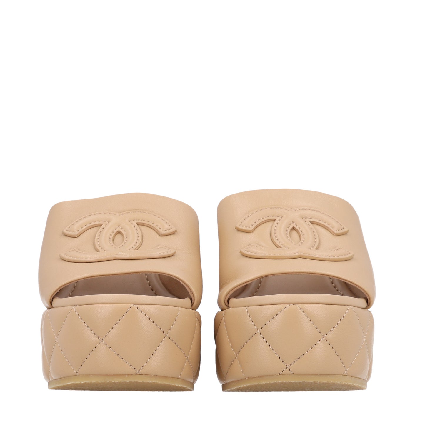 Lambskin Quilted CC Platform Mules 37.5 Beige