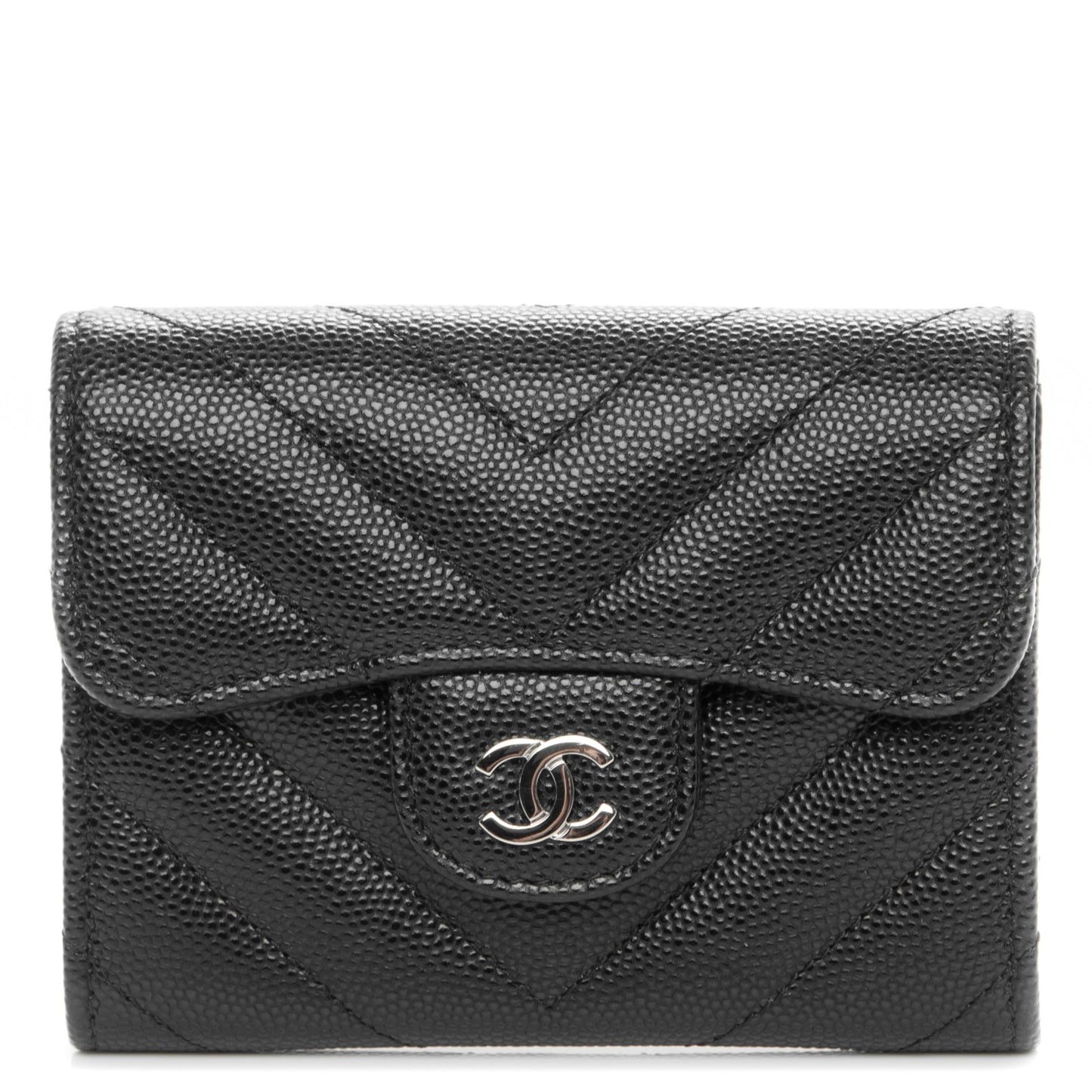 Caviar Chevron Quilted Card Holder Wallet Black