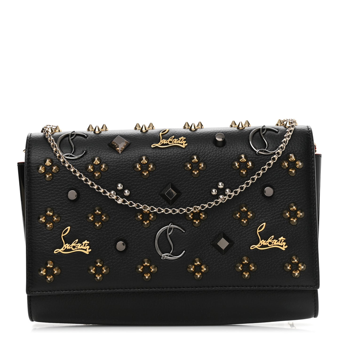 Grained Calfskin Spikes Loubinthesky Paloma Wallet On Chain Black Multimetal