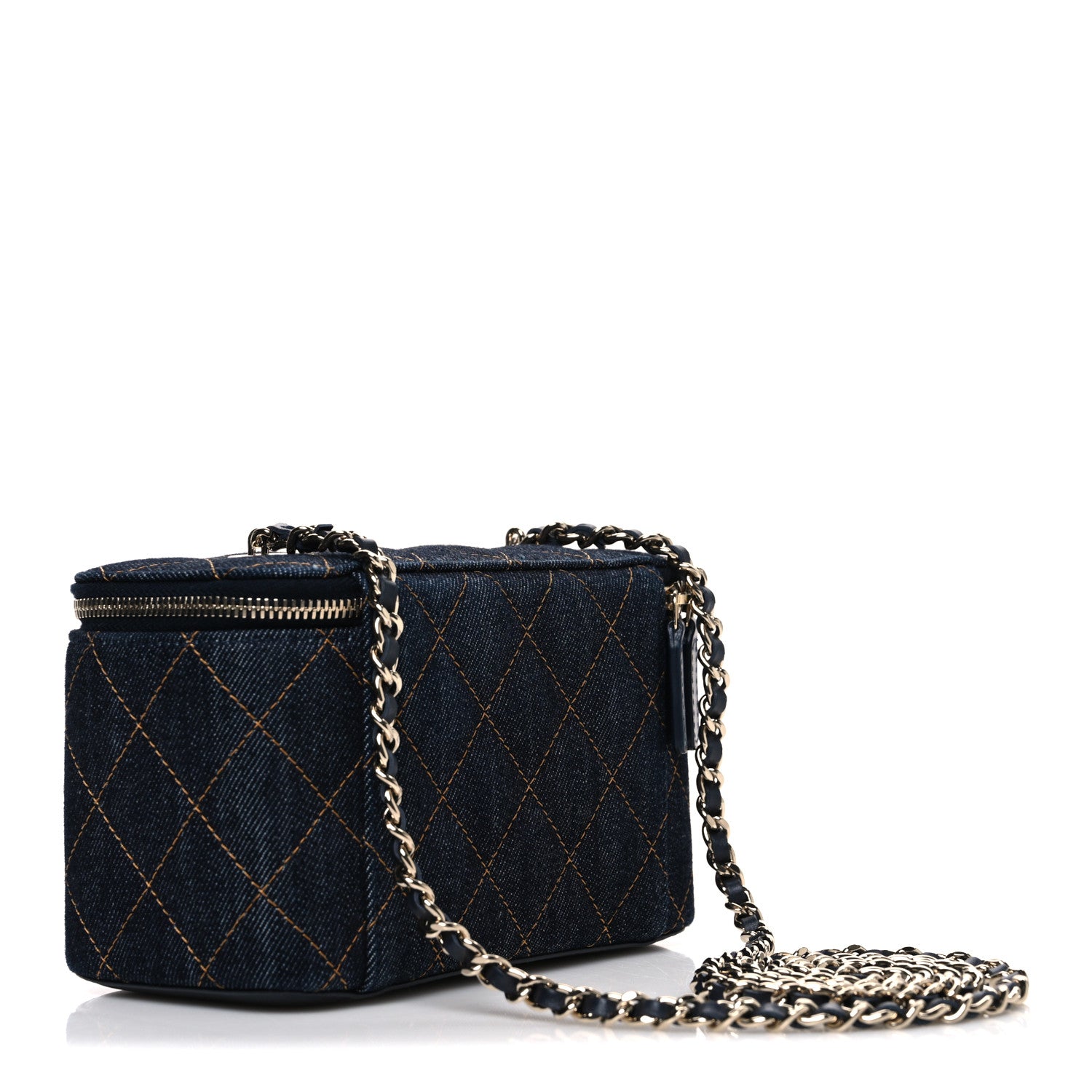 Chanel Denim Quilted Small Vanity Case With Chain Dark Blue Orange 2 of 10