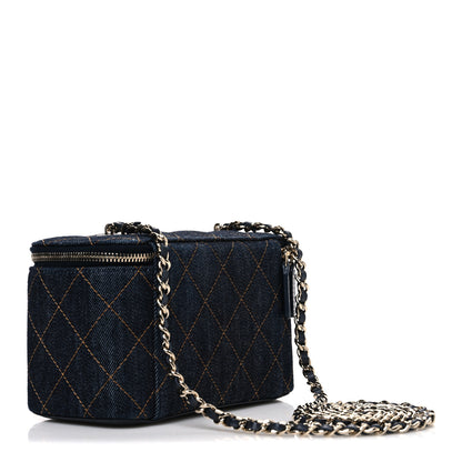 Chanel Denim Quilted Small Vanity Case With Chain Dark Blue Orange 2 of 10
