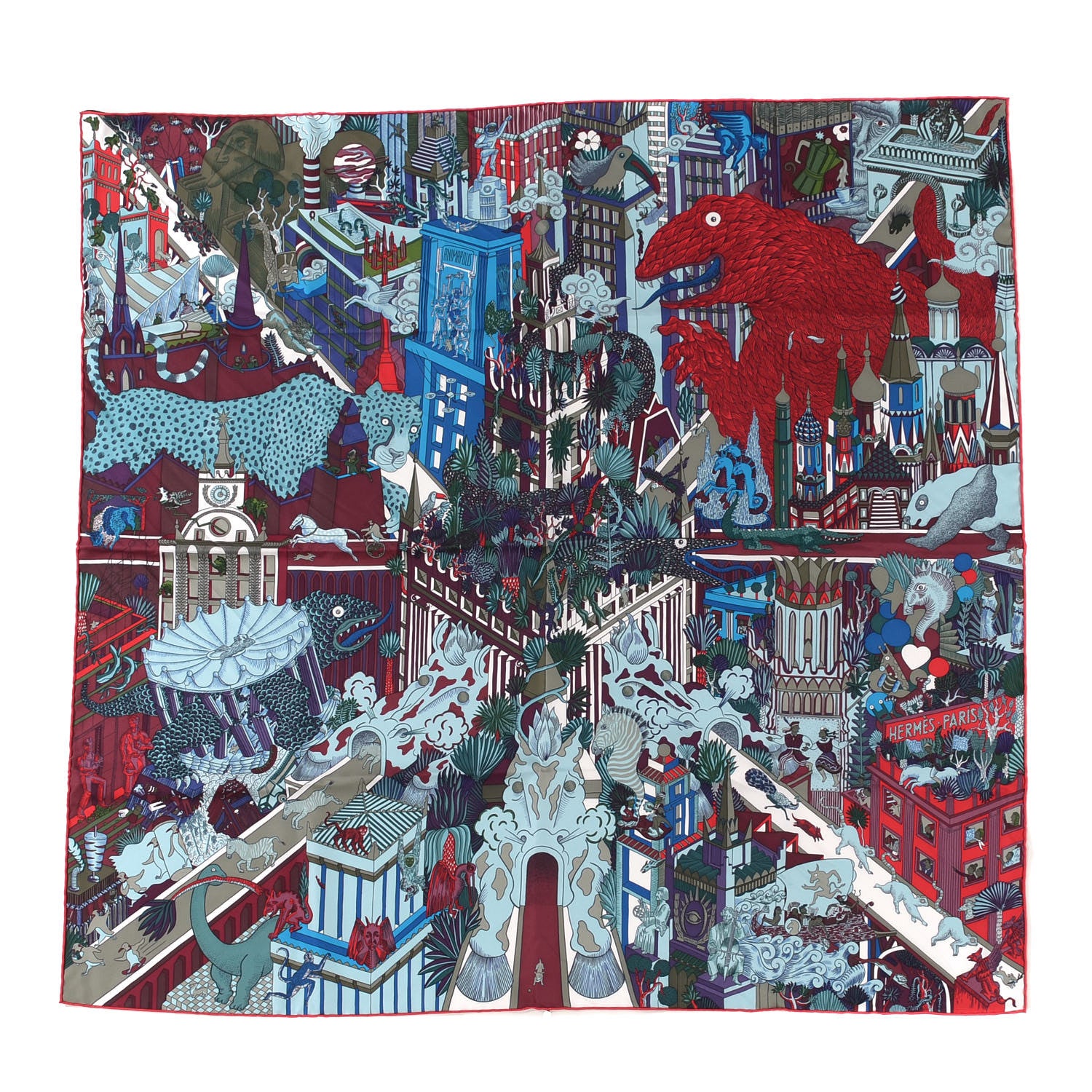Hermes Silk Animapolis Scarf 90 Bordeaux Bleu Rouge 1 of 5
