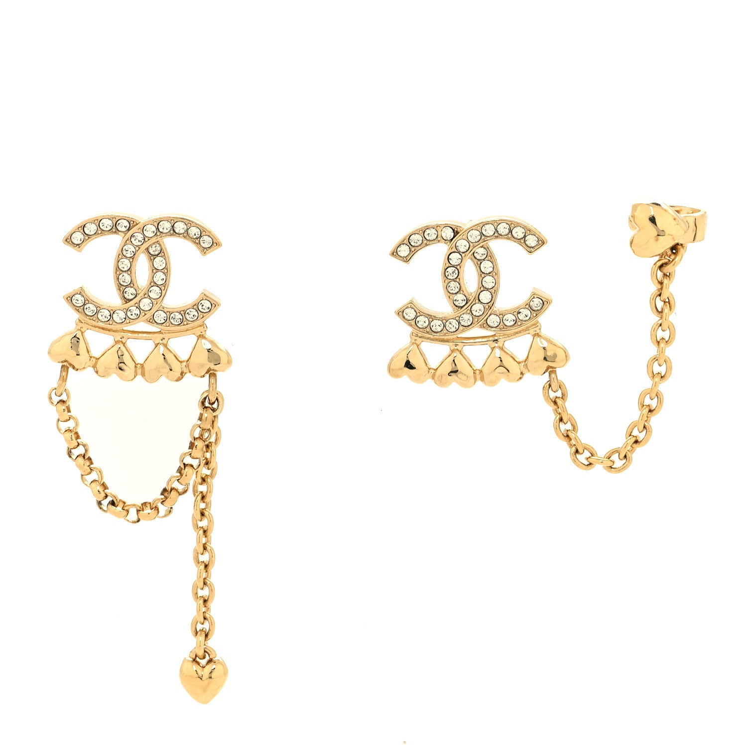 Chanel Metal Crystal CC Drop Heart Link Earrings Gold 1 of 4